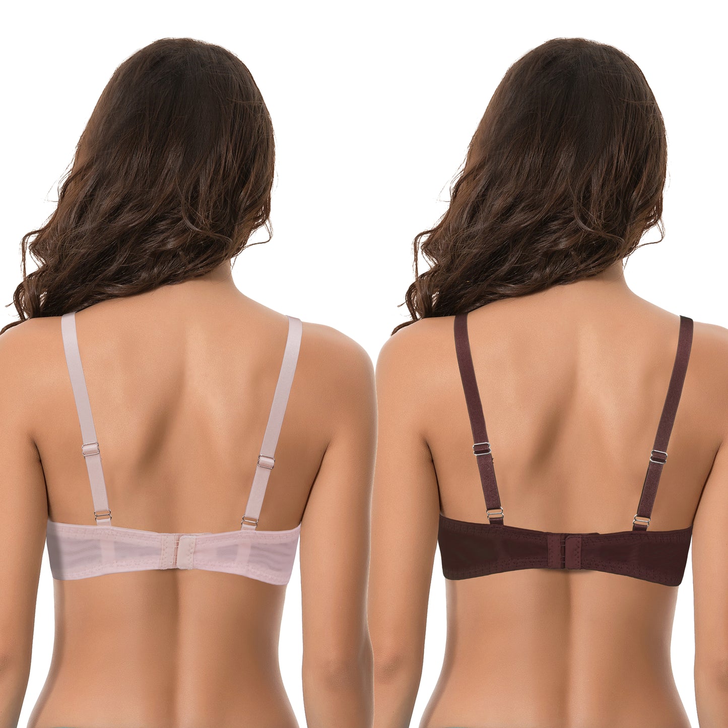 Women Plus Size Underwire Add 1 and a Half Cup Push Up Lace Mesh Bra-2PK-Lt Pink,Brown