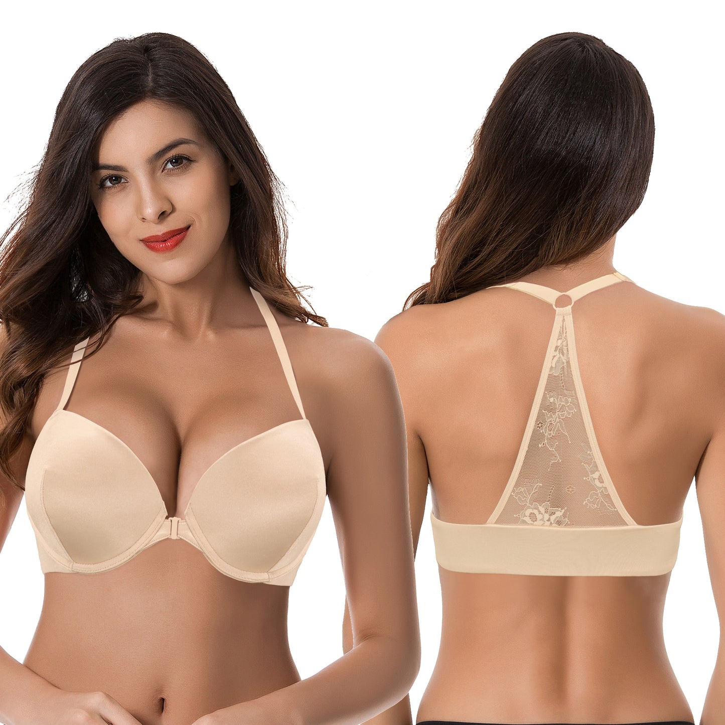Women's Push Up Add 1 and a half Cup Underwire Halter Front Close Bras