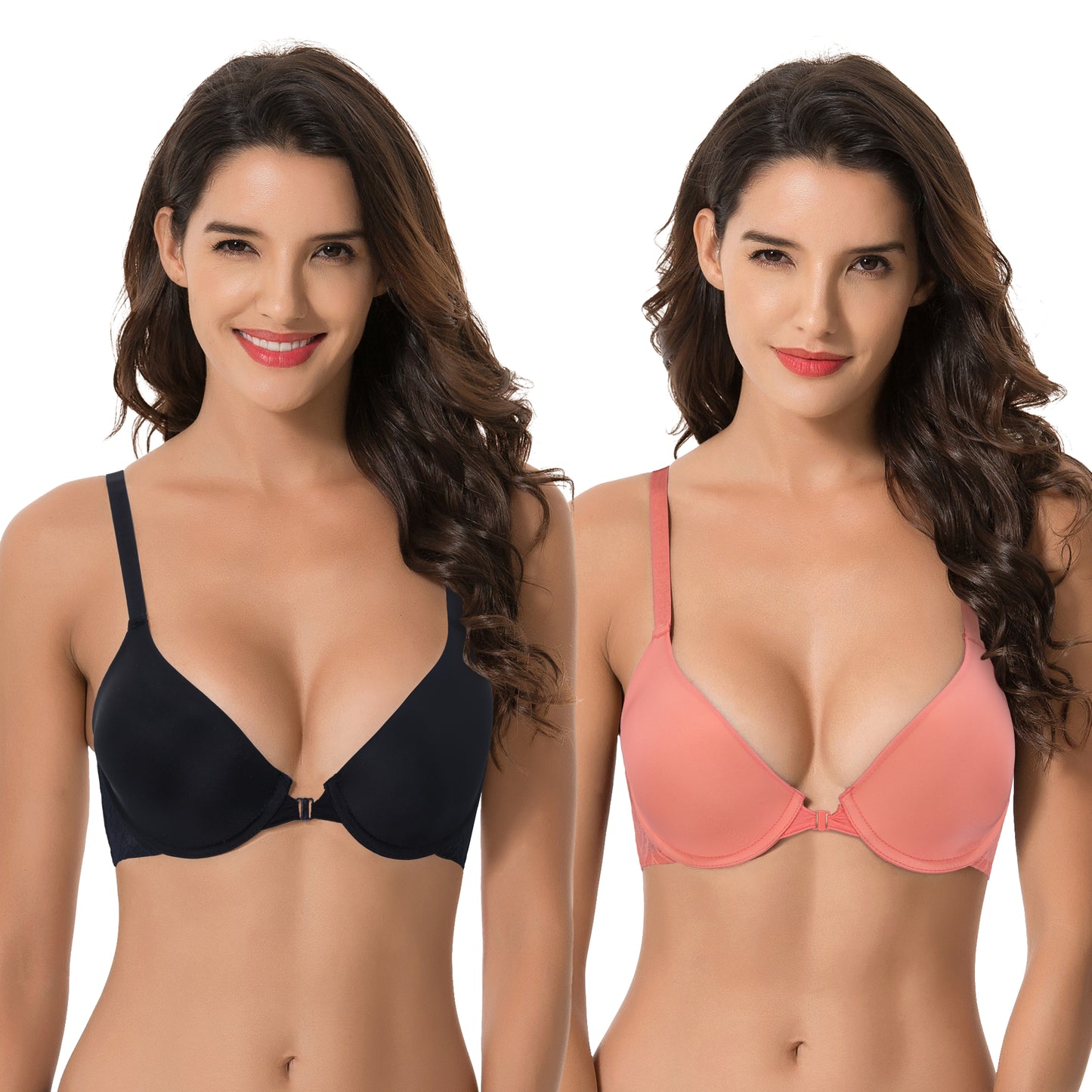 Women's Plus Size Full Coverage Underwire Front Close Bras-2PK-Black,Orange
