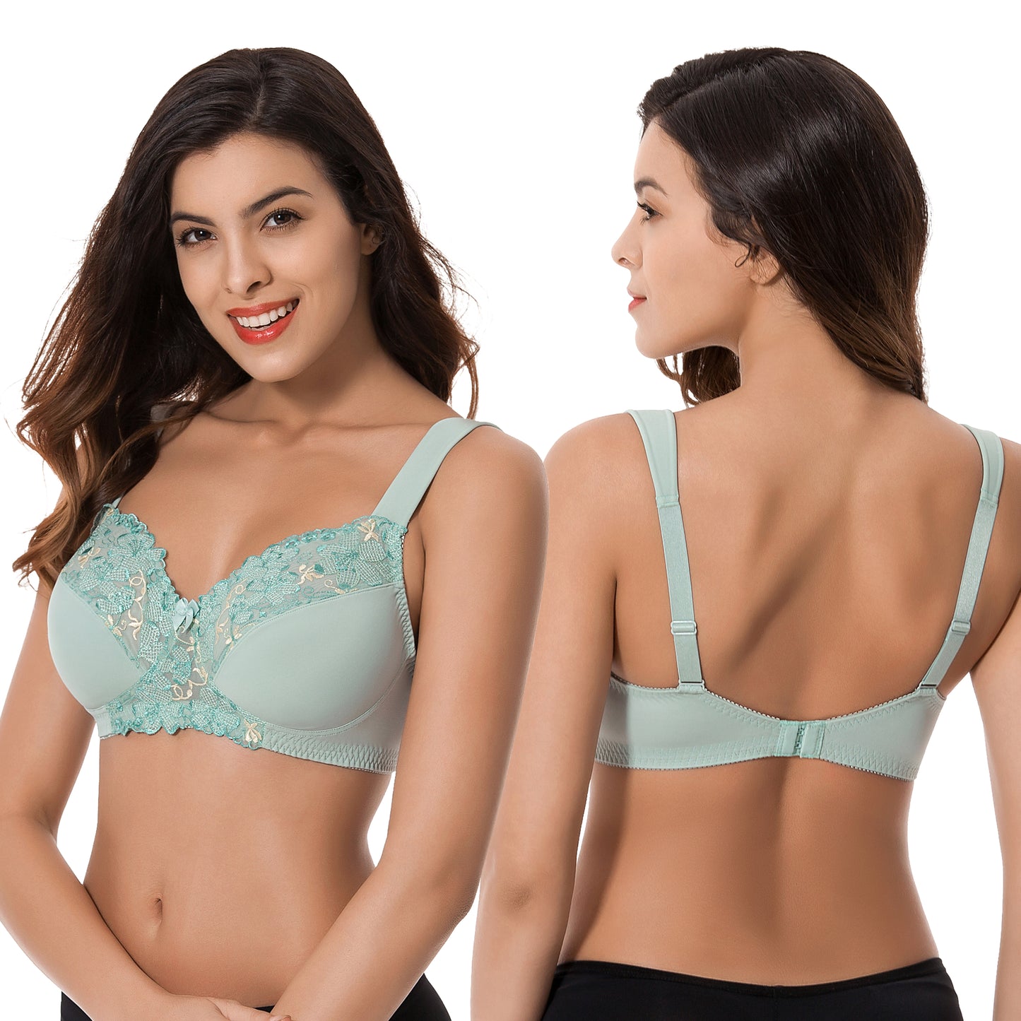 Plus Size Minimizer Unlined Wireless Bra with Lace Embroidery-3Pack-SAGE,NUDE,BLUSH