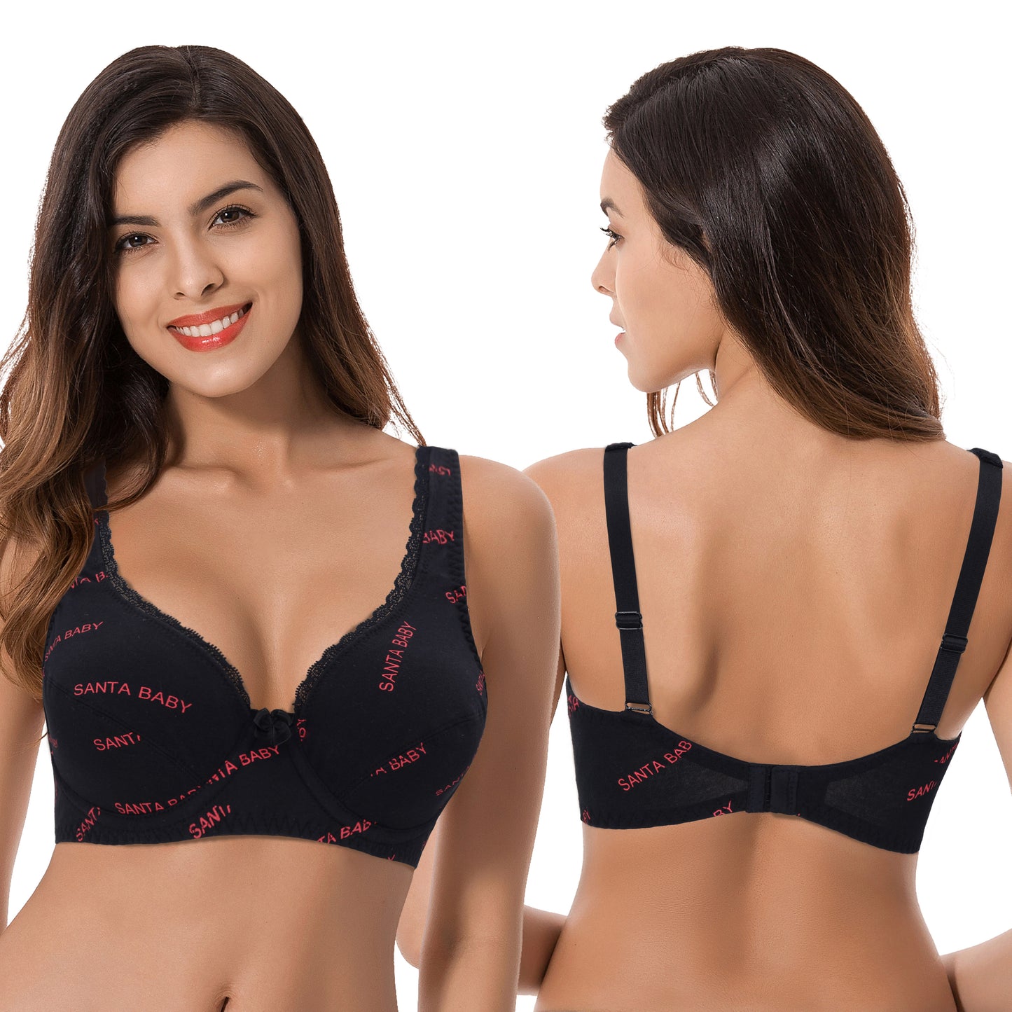 Women's Unlined Plus Size Comfort Cotton Underwire Bra-Black/Red,Red