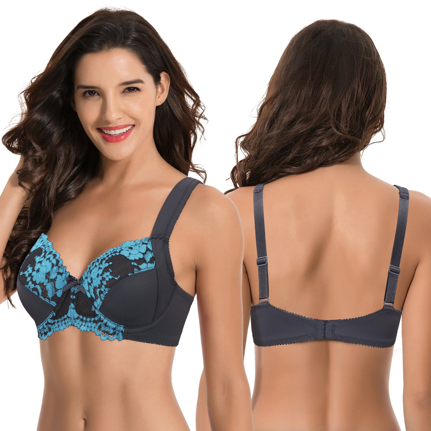 Women's Plus Size Unlined Underwire Lace Bra with Cushion Straps-Grey,Lavender