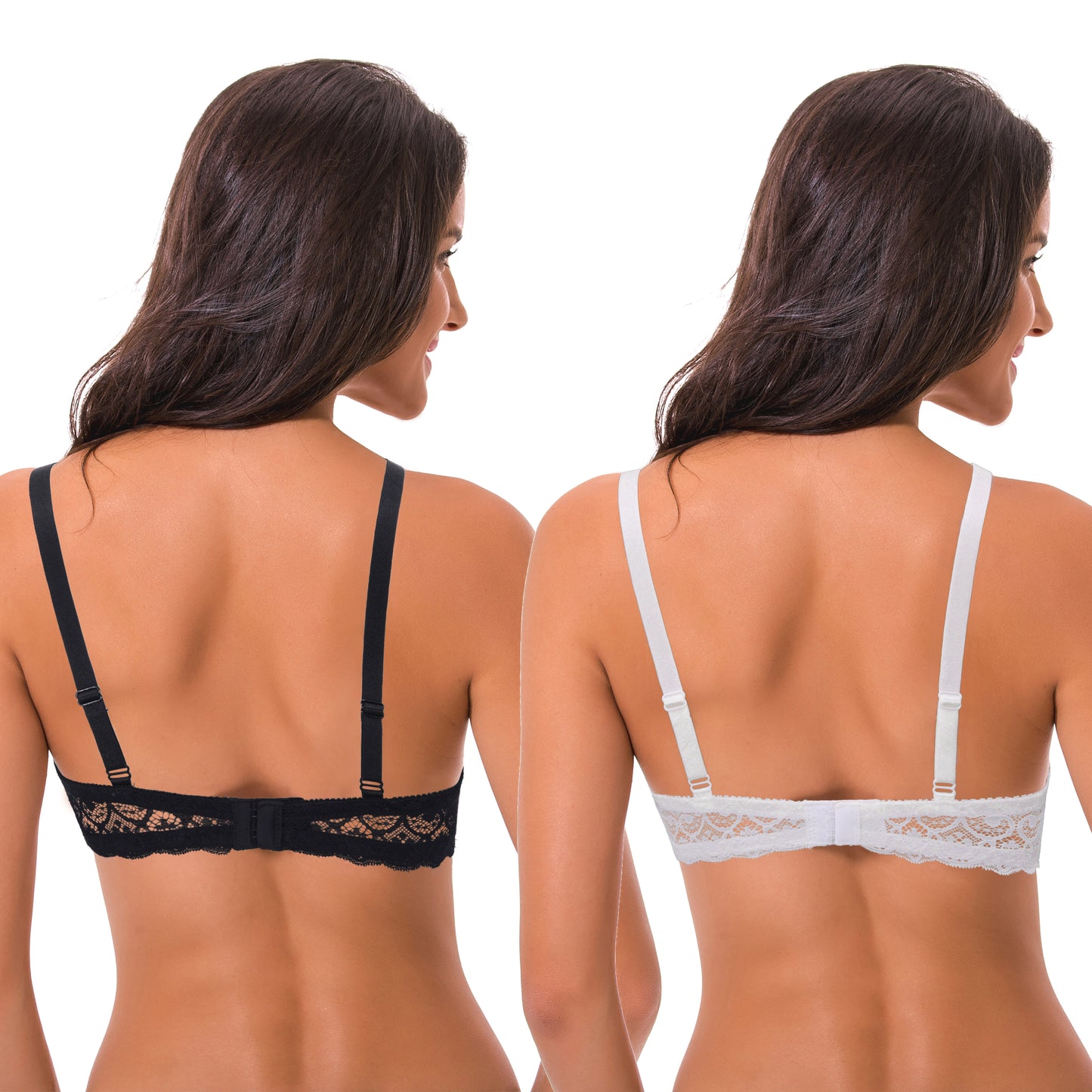 Semi-Sheer Balconette Underwire Lace Bra and Scalloped Hems (2 Pack)-White,Black