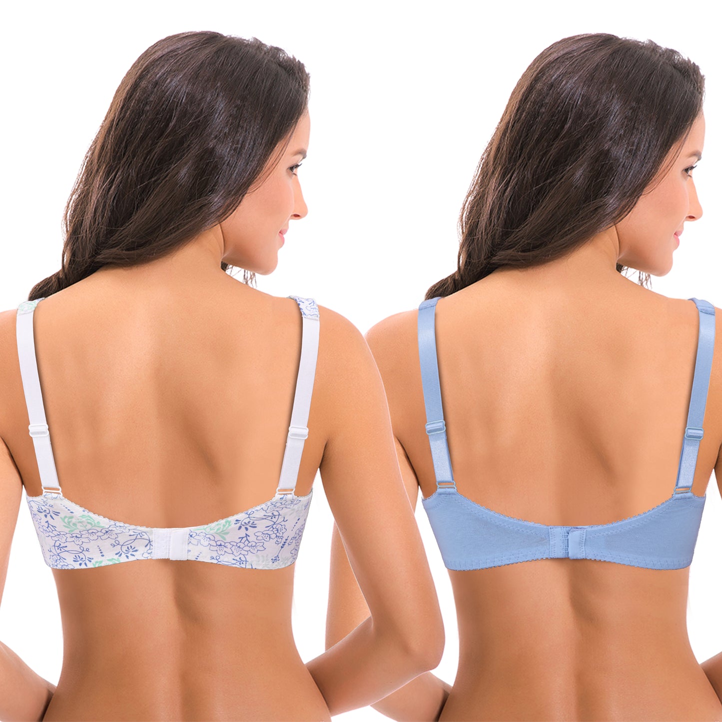 Women's Plus Size Unlined Underwire Lace Bra with Cushion Straps-2PK-White/Navy/Lt Blue,Blue