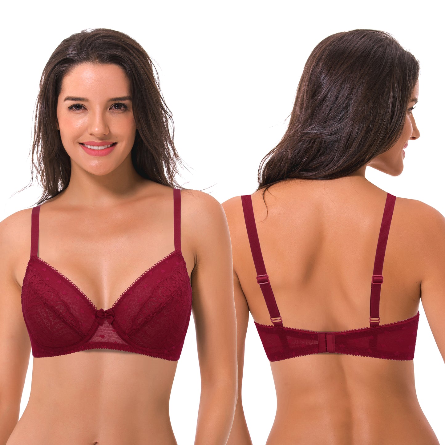 Women's Plus Size Unlined Balconette Underwire Sheer Lace Bra-2PK