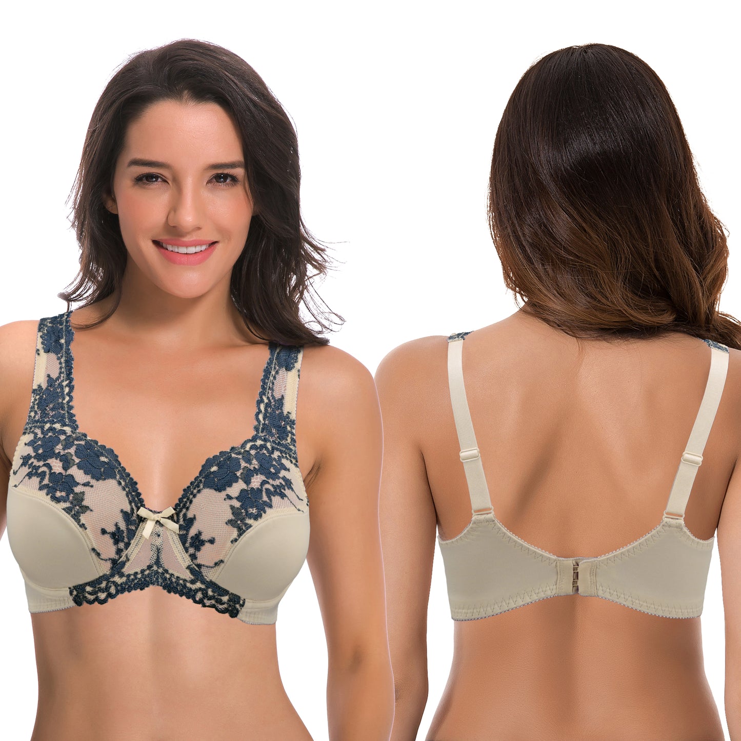 Women's Minimizer Unlined Underwire Bra With Lace Embroidery-2 pack-GRAY,NUDE