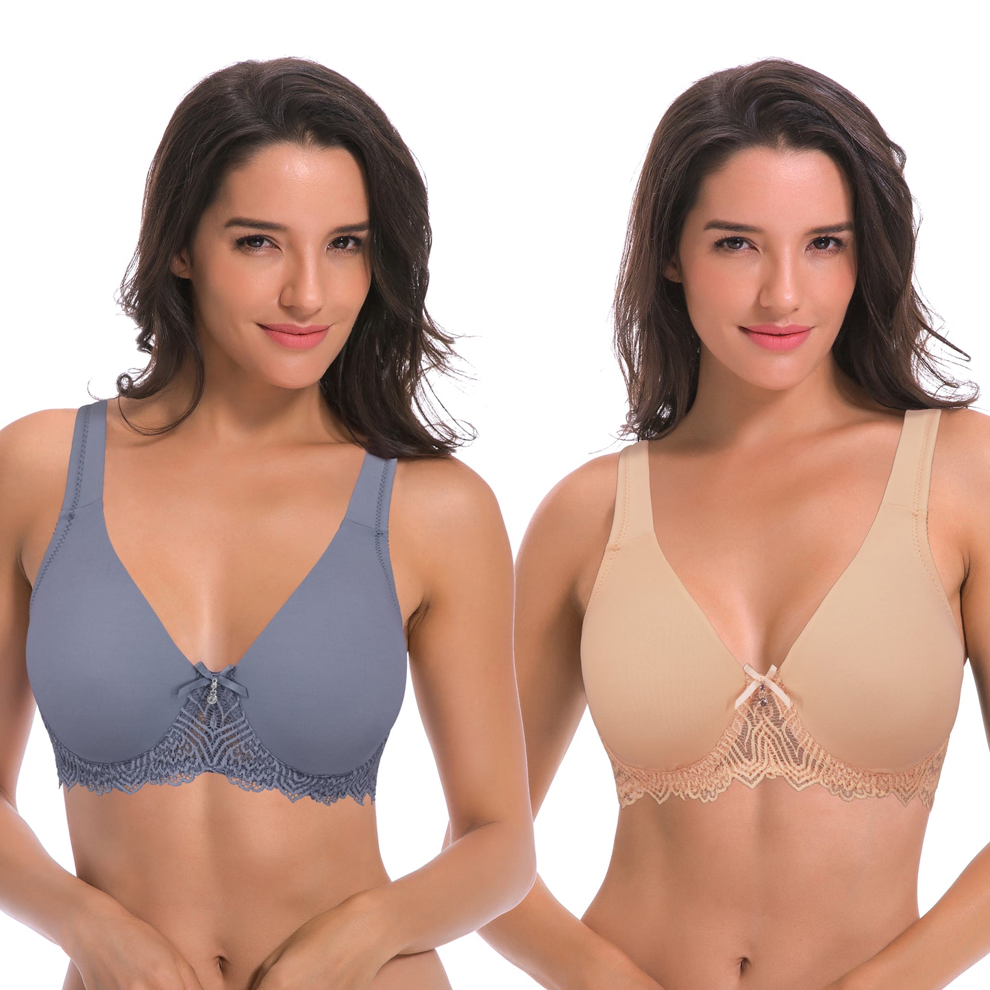 Women's Plus Size Unlined Underwire Lace Bra with Cushion Straps-2PK-NUDE,DUSTY BLUE