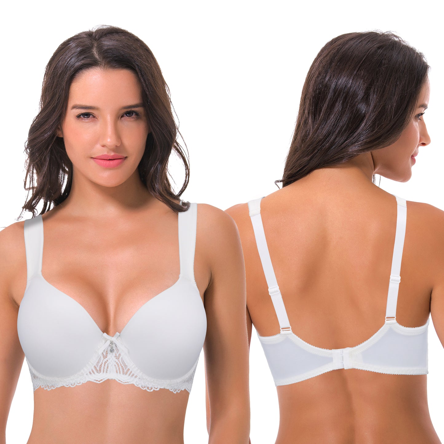 Women's Lightly Padded Underwire Lace Bra with Padded Shoulder Straps-2PK-WHITE,LIGHT YELLOW