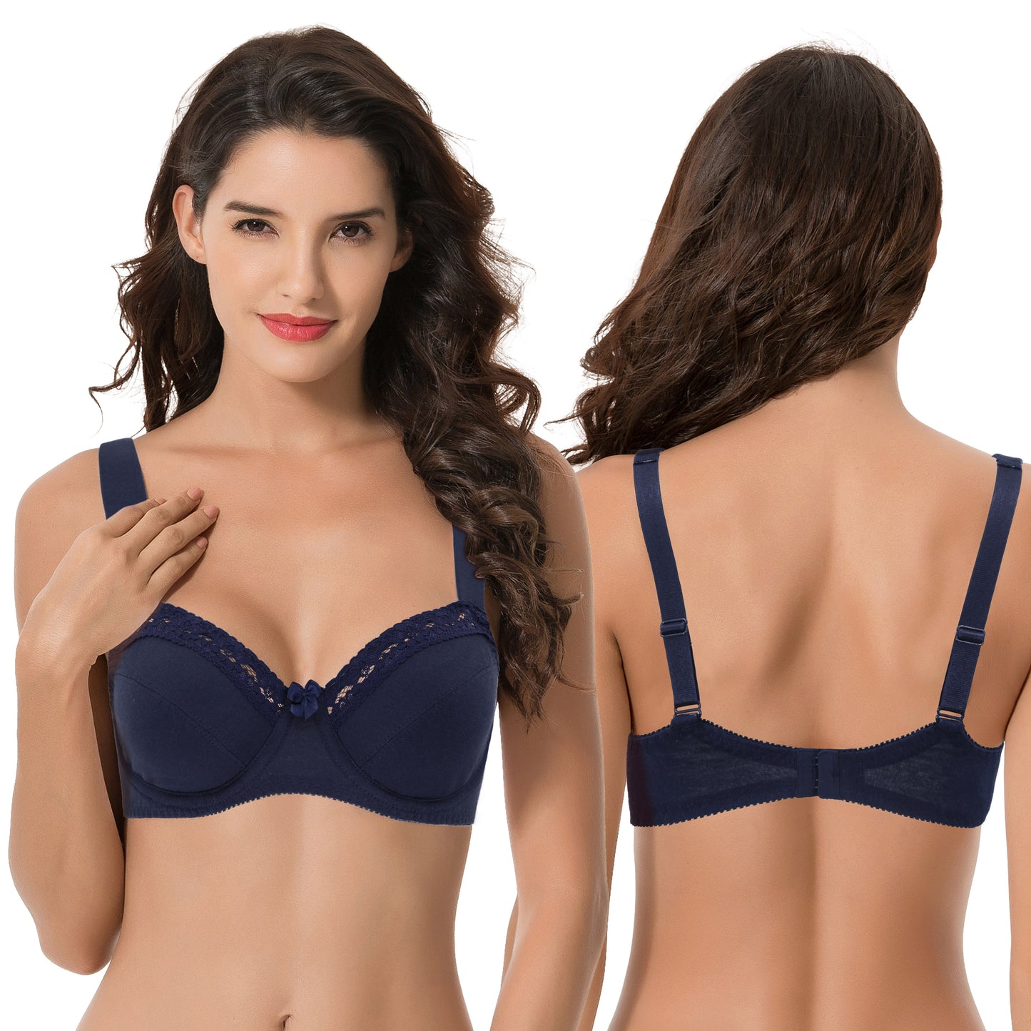 Women's Plus Size Underwired Unlined Balconette Cotton Bra-3Pack-Navy Print,Navy,Yellow