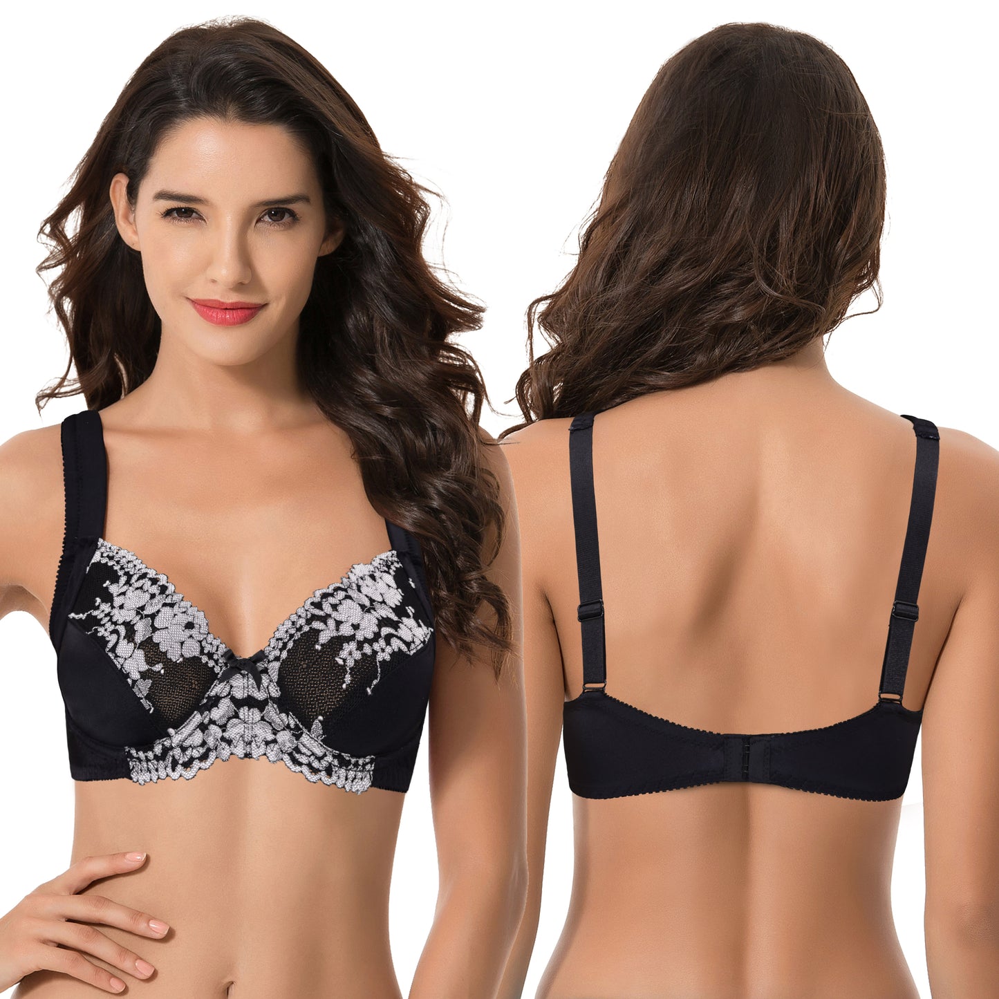Women's Plus Size Unlined Underwire Lace Bra with Cushion Straps-Blue,Black