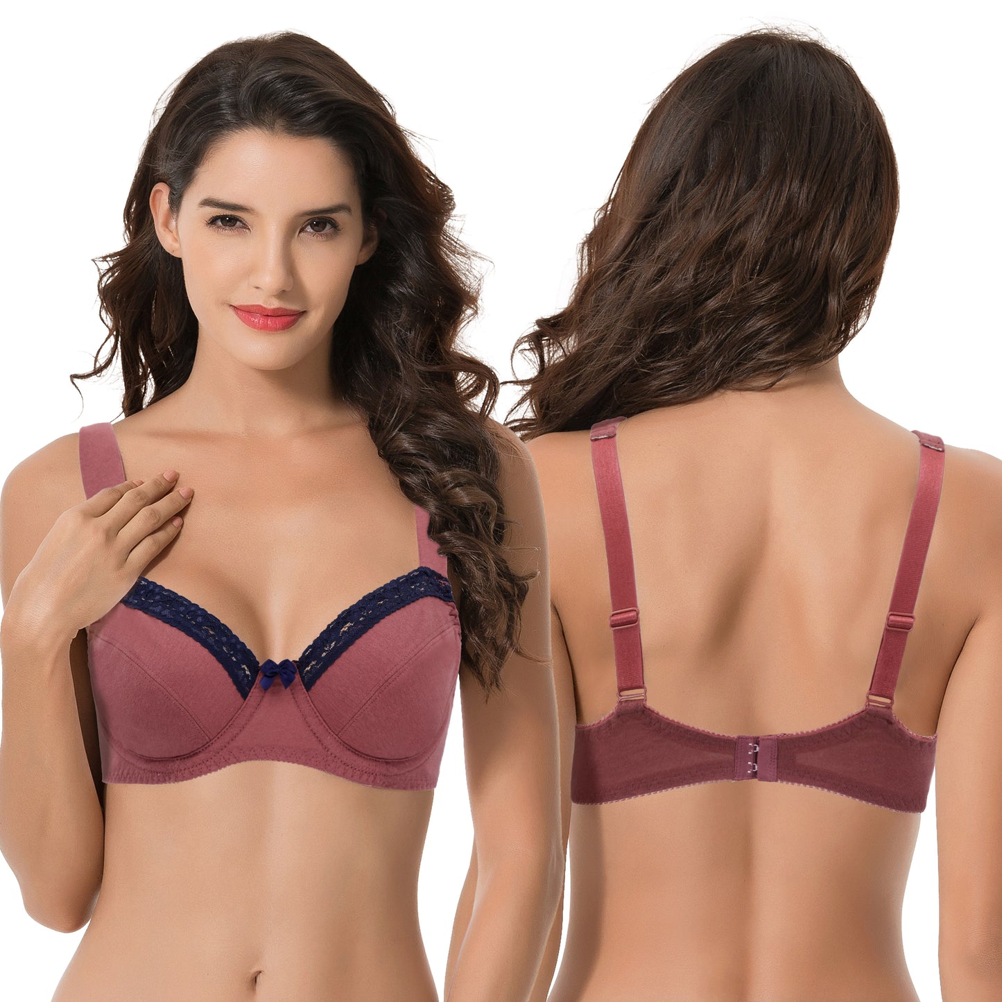 Women's Plus Size Underwired Unlined Balconette Cotton Bra-3Pack-White Print,Pink,Pale Coral