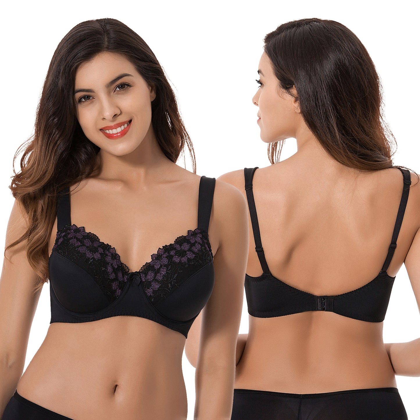 Plus Size Minimizer Underwire Bra with Embroidery Lace-3Pack