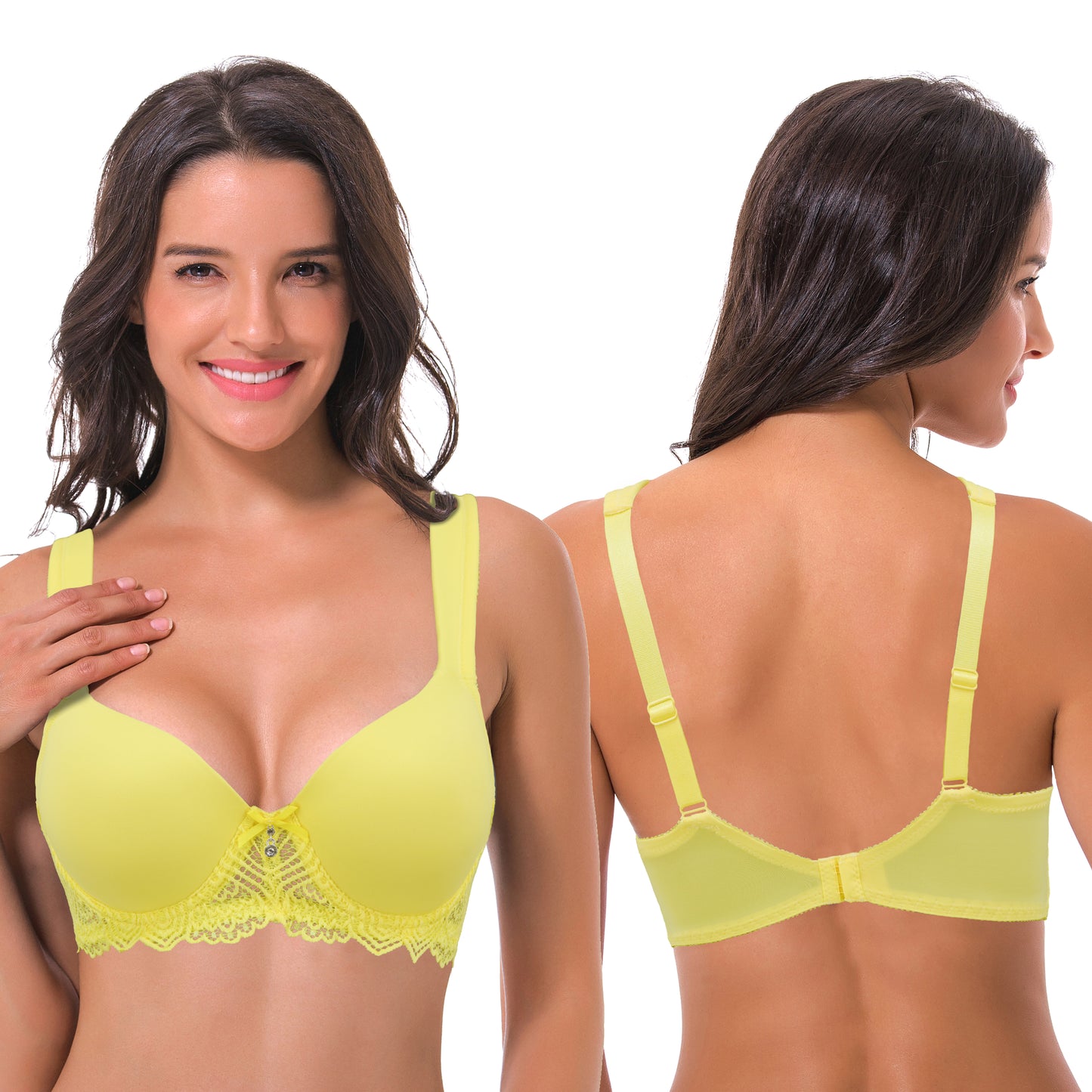 Women's Lightly Padded Underwire Lace Bra with Padded Shoulder Straps-2PK-WHITE,LIGHT YELLOW