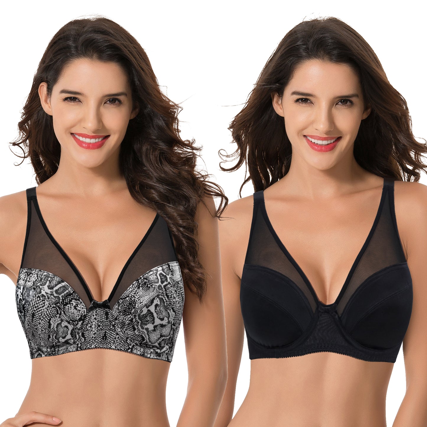 Women's Plus Size Minimizer Unlined Underwire Full Coverage Bra-2 Pack-Cream Printed,Black