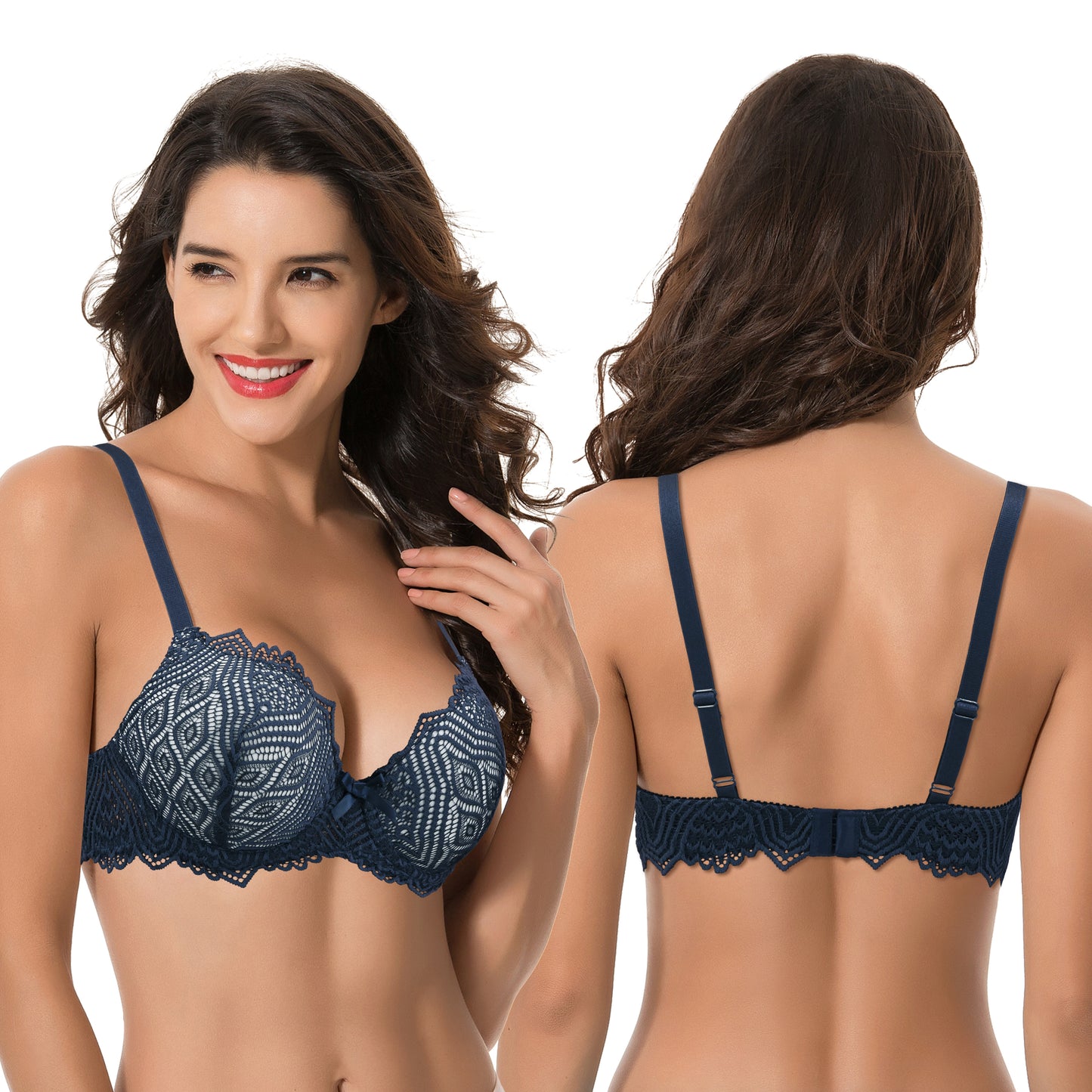Women's Plus Size Push Up Add 1 Cup Underwire Perfect Shape Lace Bras-2Pk