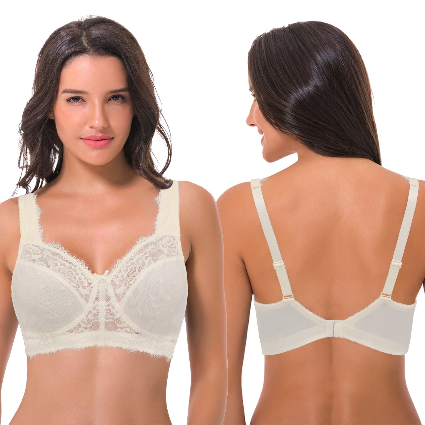 Women's Plus Size Minimizer Lace Full Coverage Unlined Wireless Bra-2Pack-Navy,White