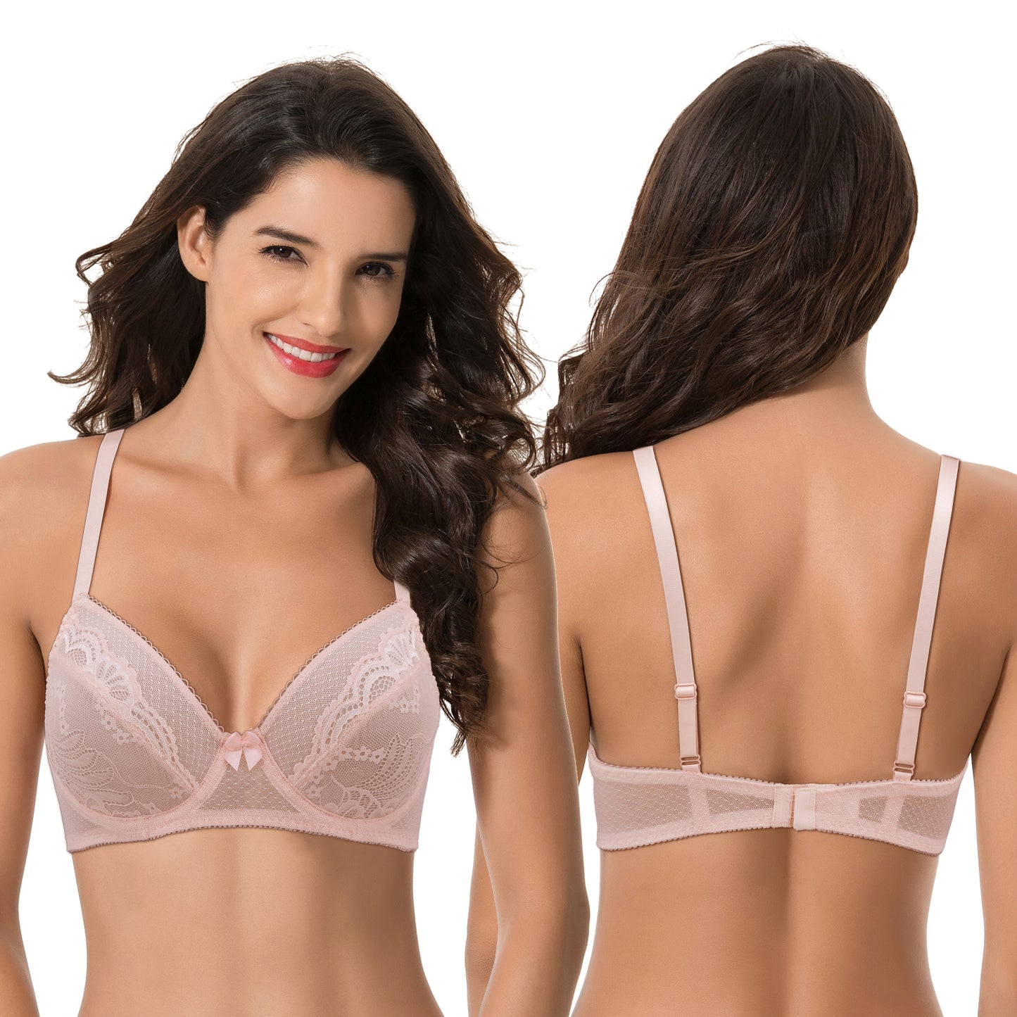 Women's Plus Size Unlined Balconette Underwire Sheer Lace Bra-2PK