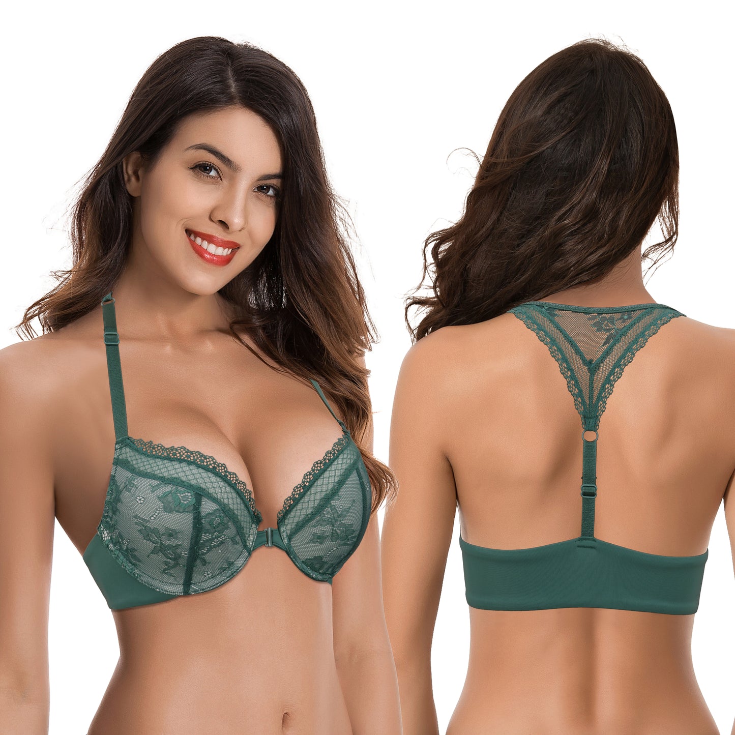 Womens Plus Size Add 1 Cup Push Up Underwire Halter Front Close Bras-2PK-DARK GREEN,ORANGE