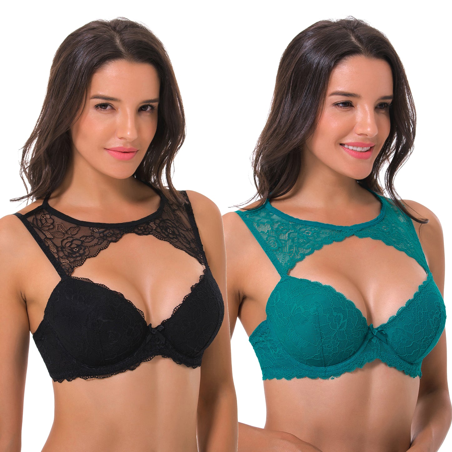 Women's Lightly Padded Underwire Plunge Bra With High Neck Lace-2Pack