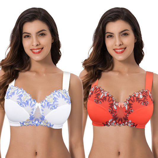 Women's Plus Size Minimizer Wireless Unlined Bra with Embroidery Lace