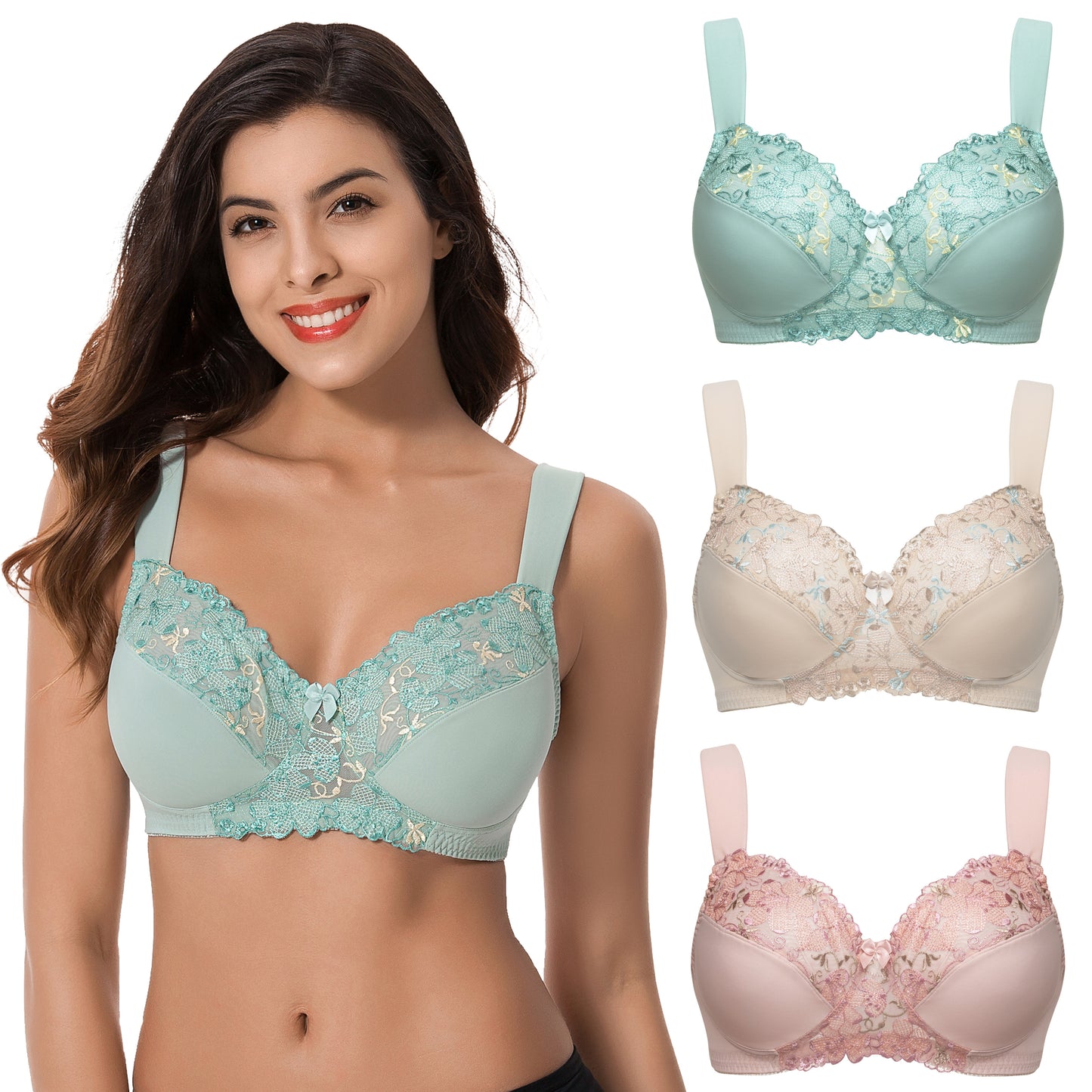 Plus Size Minimizer Unlined Wireless Bra with Lace Embroidery-3Pack-SAGE,NUDE,BLUSH