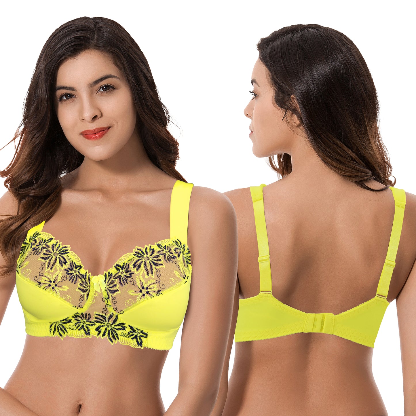 Plus Size Minimizer Unlined Wirefree Bra with Lace Embroidery-3Pack