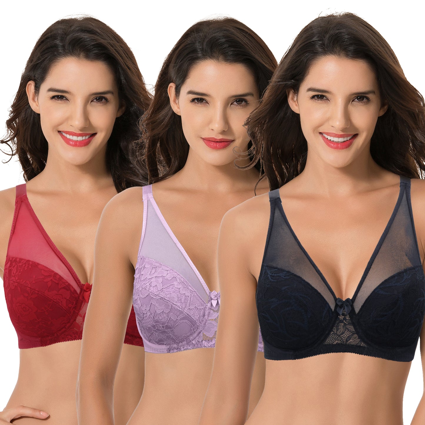 Women's Plus Size Minimizer Unlined Underwire Bra With Floral Lace-3PK
