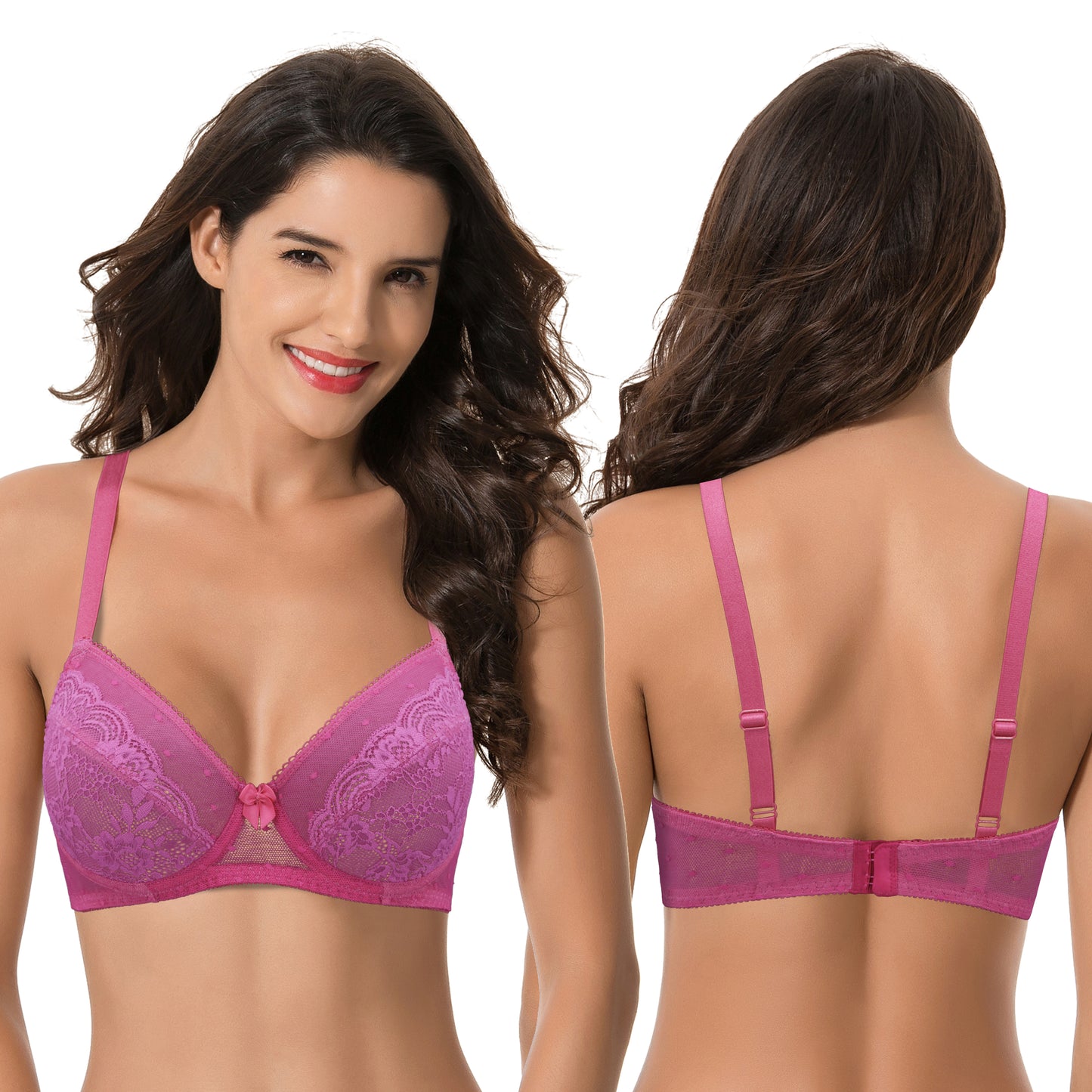Women's Plus Size Unlined Balconette Underwire Sheer Lace Bra-2PK