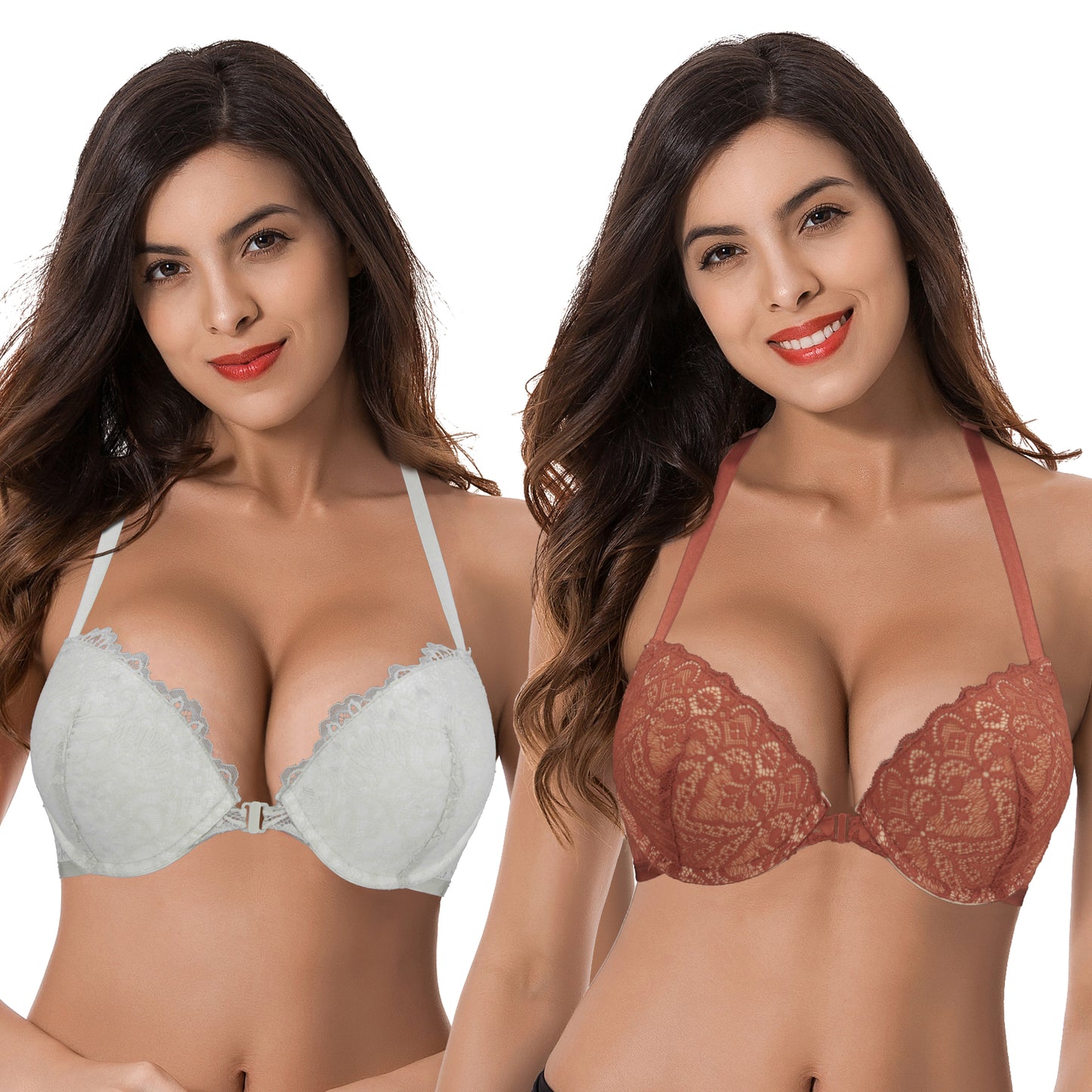 Women's Push Up Add 1 and a half Cup Underwire Halter Front Close Bras -2PK-LIGHT GREY,RUST