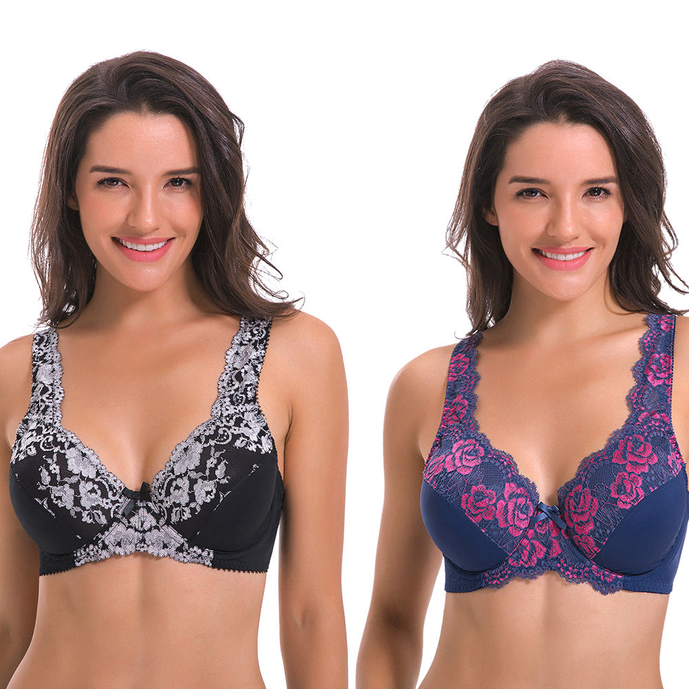 Women's Minimizer Unlined Underwire Bra With Lace Embroidery-2 Pack
