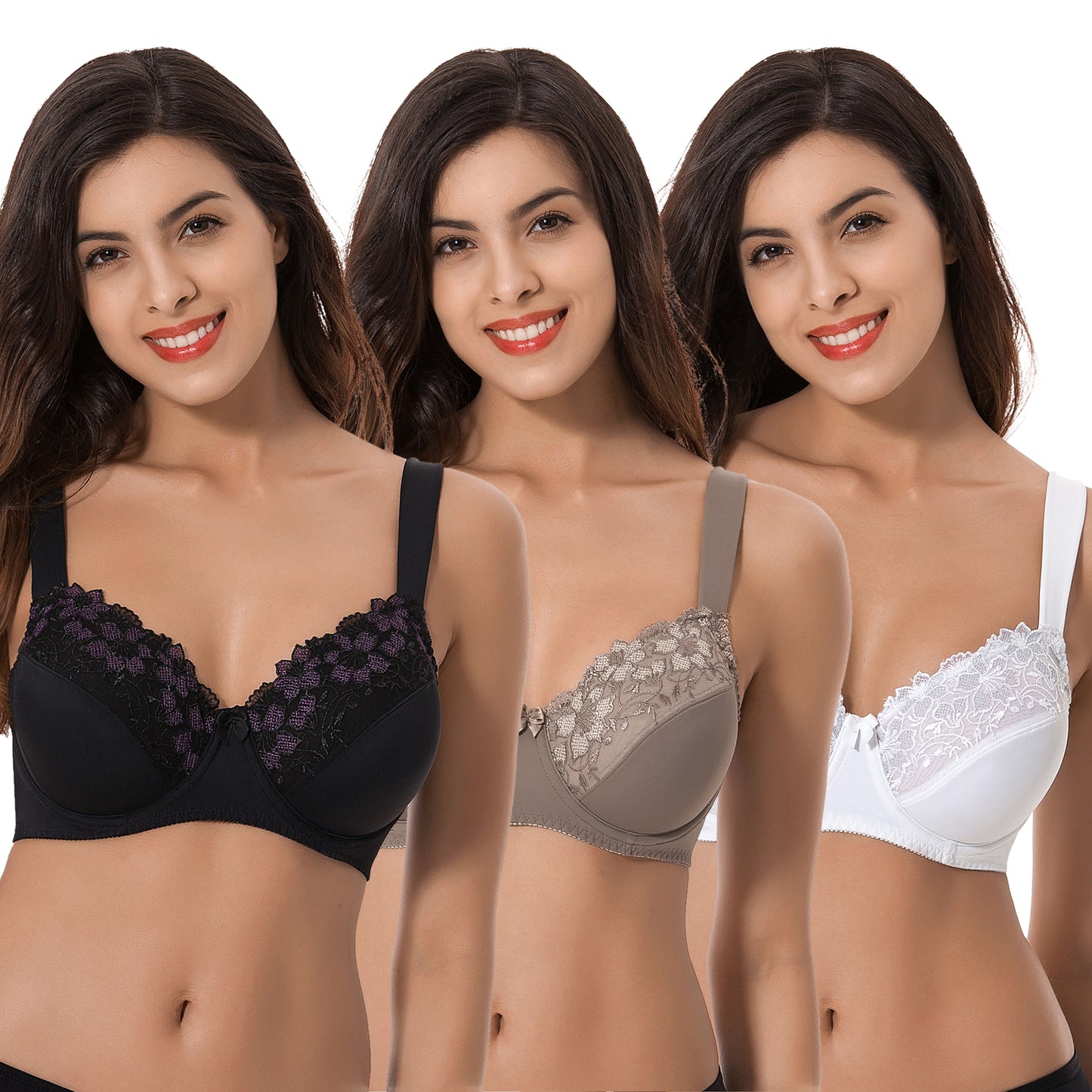 Plus Size Minimizer Underwire Bra with Embroidery Lace-3Pack