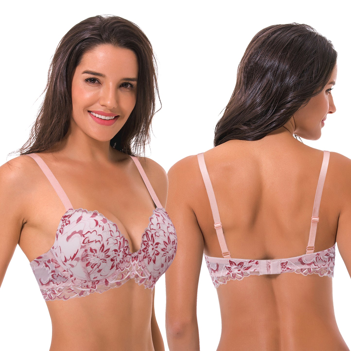 Women's Underwire Plus Size Push Up Add 1 and a Half Cup Lace Bras-2PK-White/Red,Black/Grey