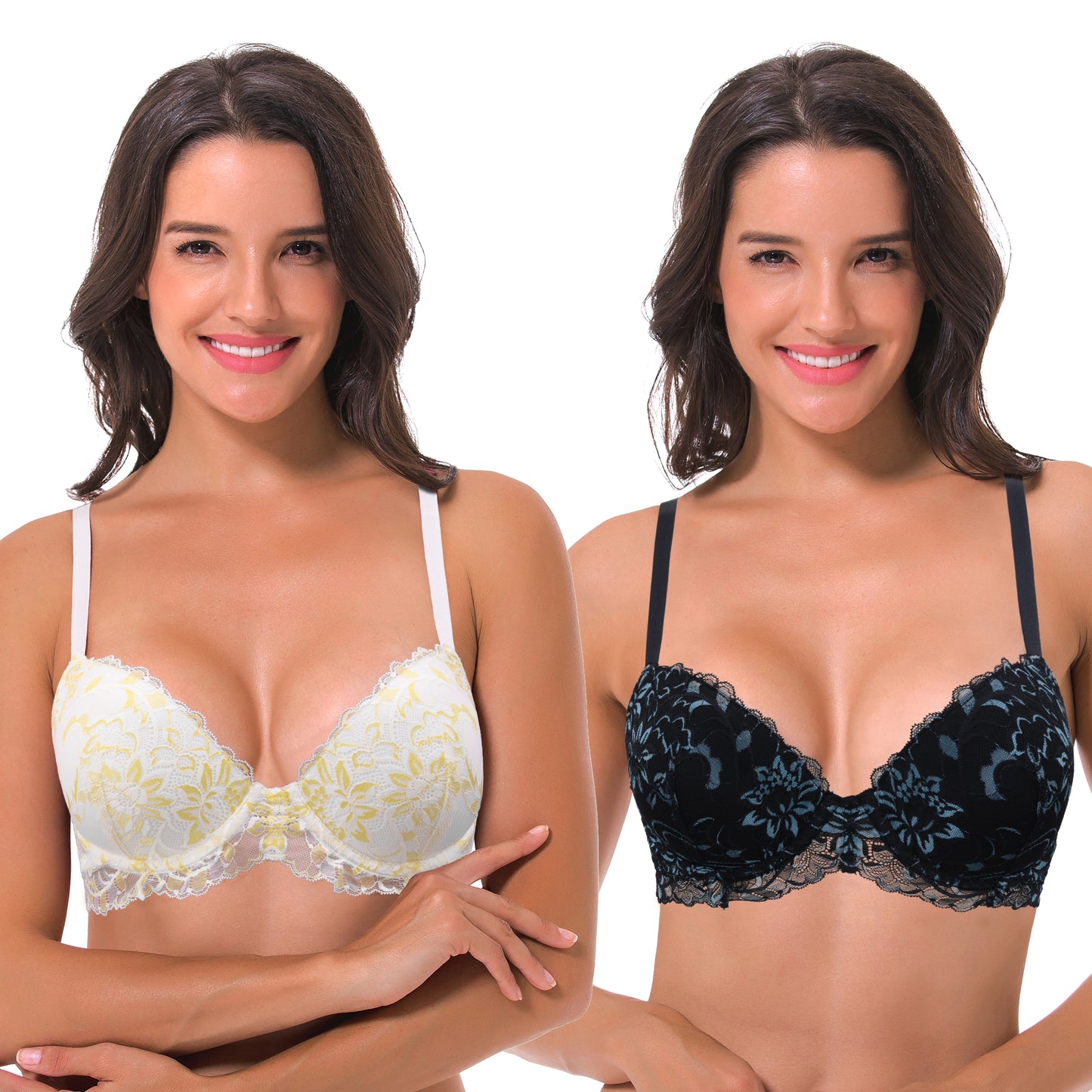 Women's Underwire Plus Size Push Up Add 1 and a Half Cup Lace Bras-2PK
