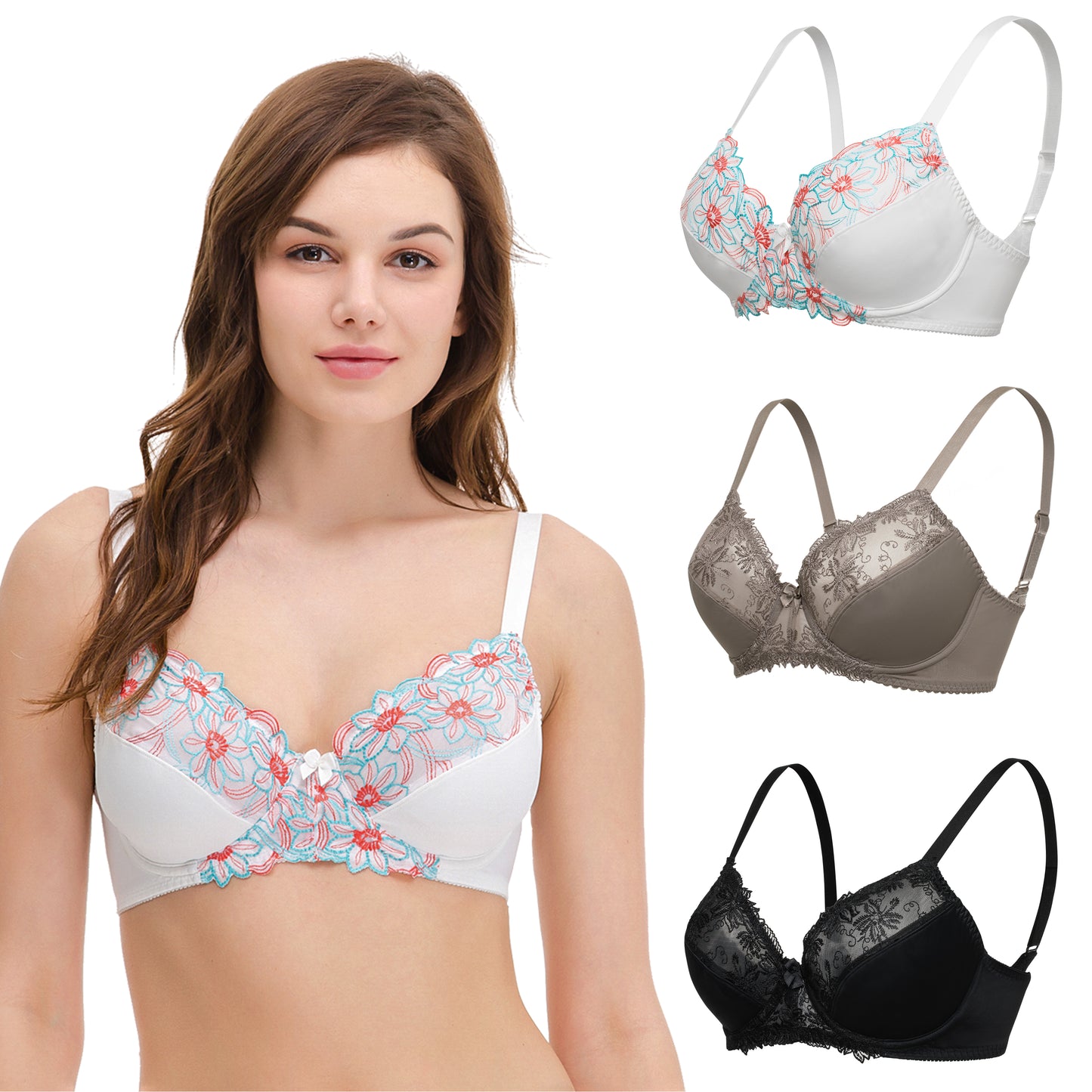 Plus Size Minimizer Underwire Unlined Bras with Embroidery Lace-3Pack