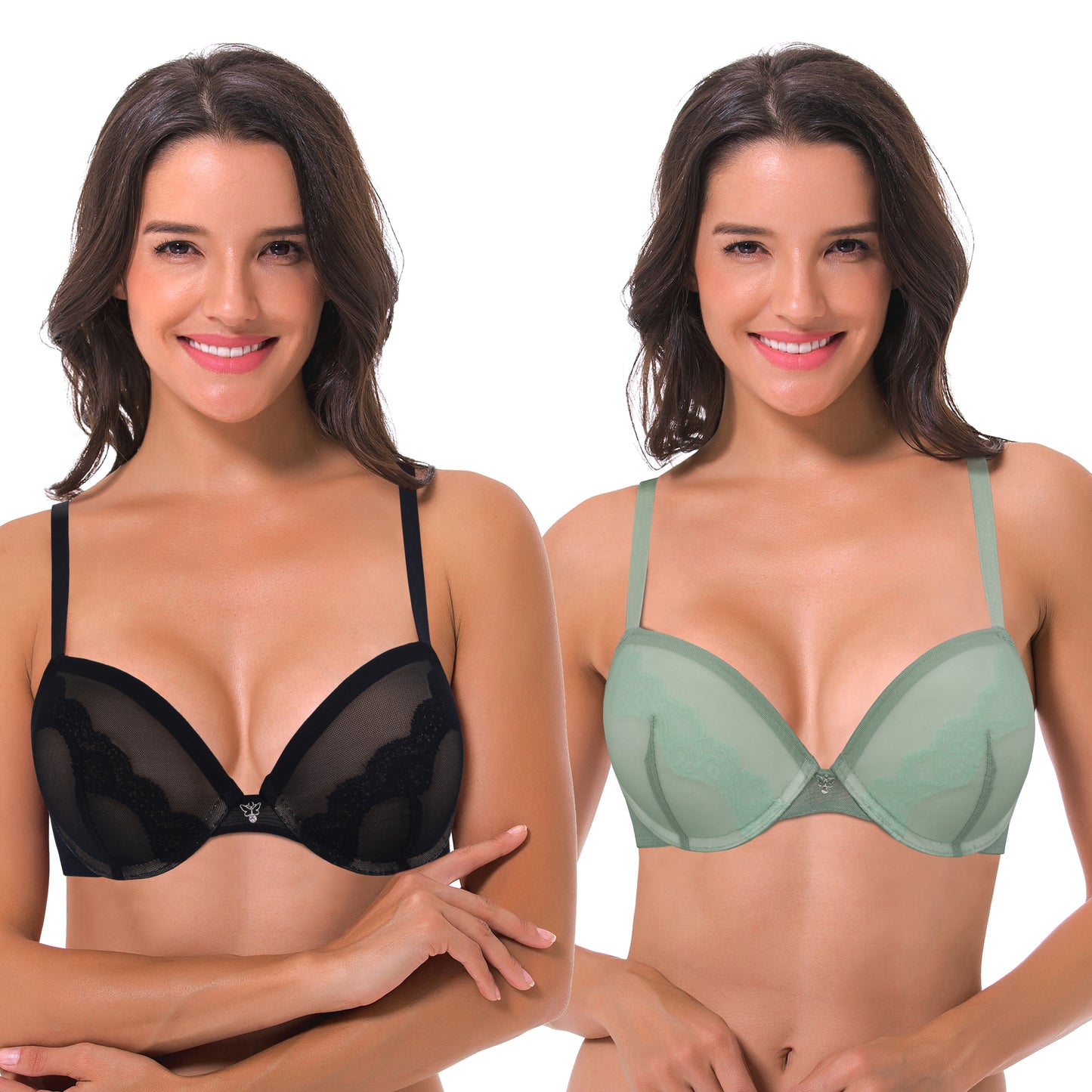 Women Plus Size Underwire Add 1 and a Half Cup Push Up Lace Mesh Bra-2PK-Sage,Black