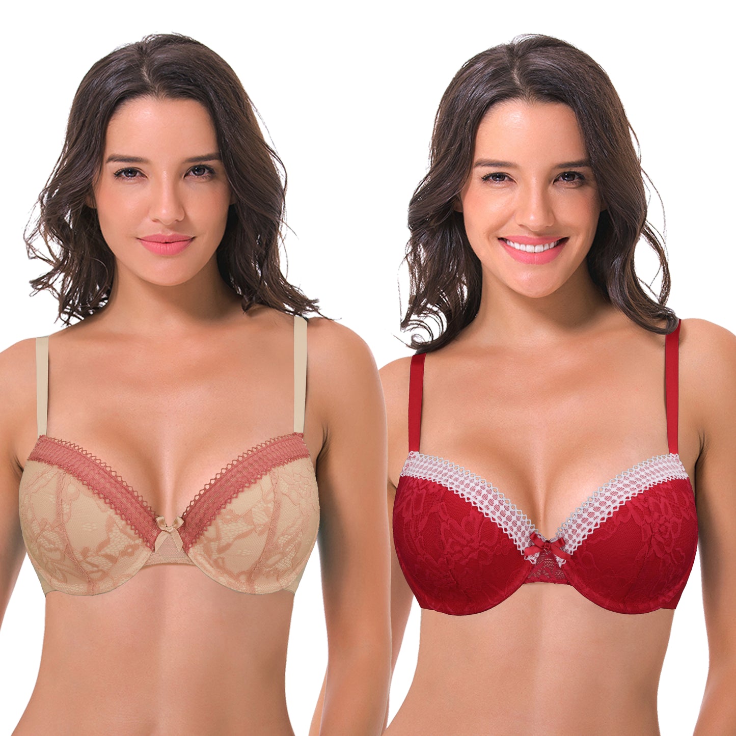 Women's Plus Size Lightly Padded Balconette Lace Underwire Bra-2Pack