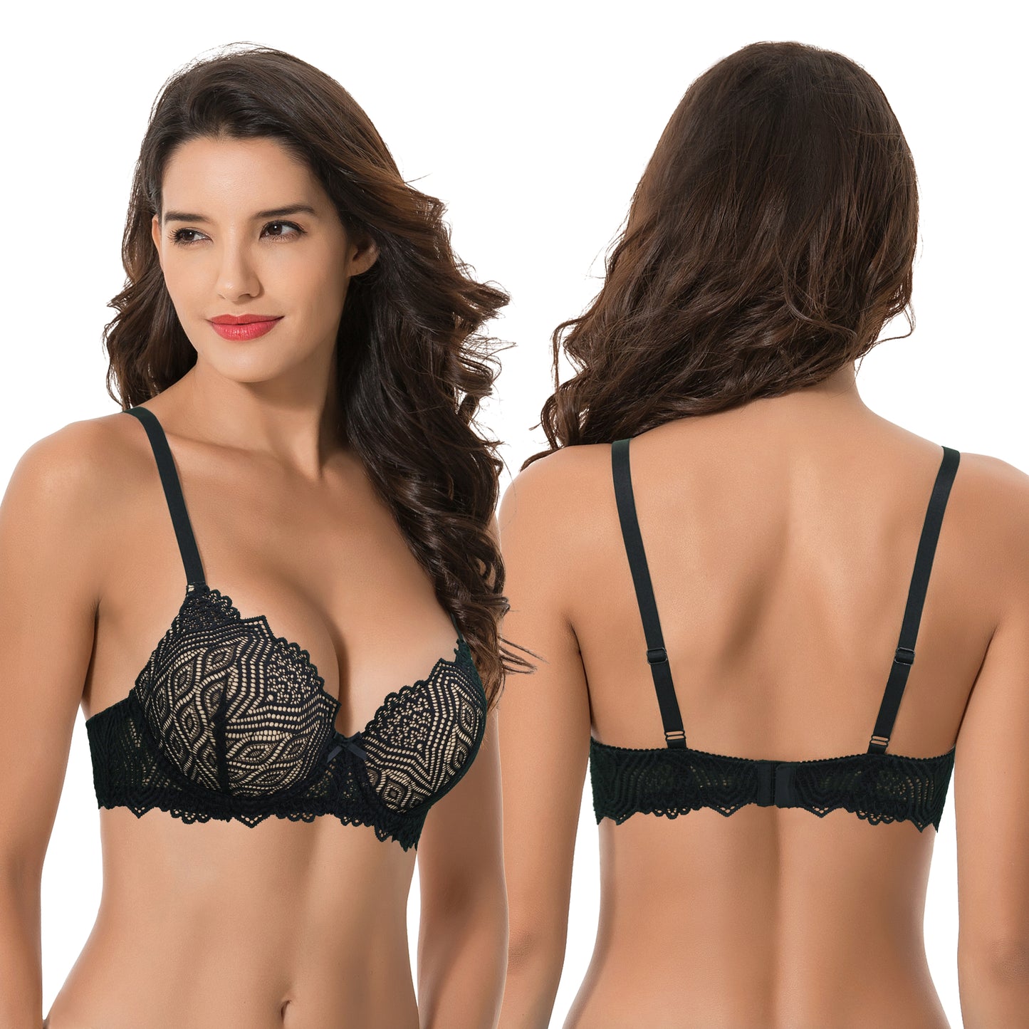 Women's Plus Size Push Up Add 1 Cup Underwire Perfect Shape Lace Bras-2PK-BLACK,LAVENDER