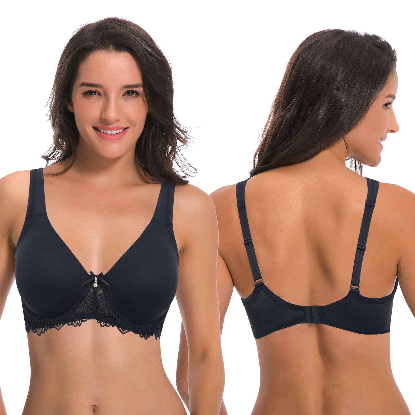 Women's Plus Size Unlined Underwire Lace Bra with Cushion Straps-2PK-BLACK,MAUVE