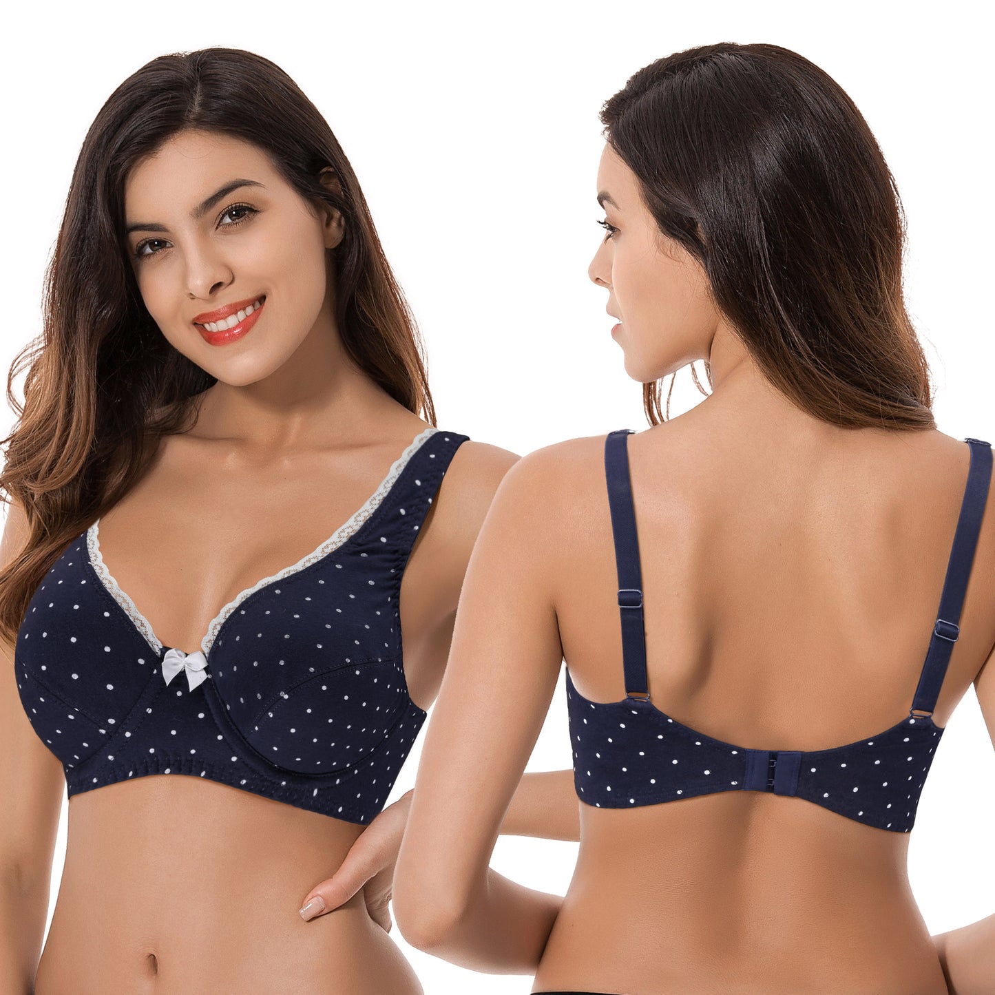 Women's Unlined Plus Size Comfort Cotton Underwire Bra-Navy/White,Grey