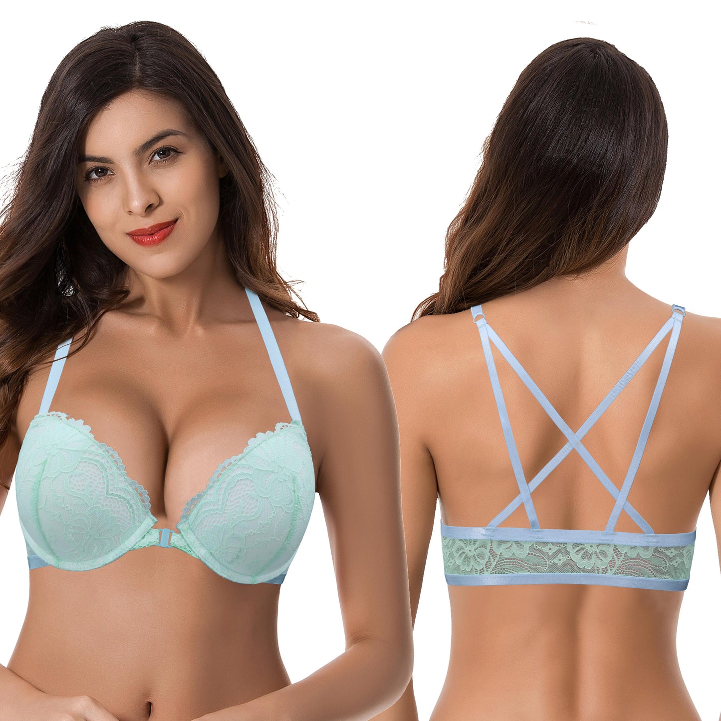 Womens Push Up Add 1 and a half Cup Underwire Halter Front Close Bras -2PK-Yellow,Mint