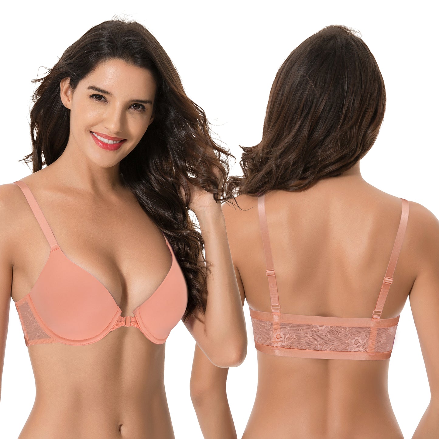 Women's Plus Size Full Coverage Underwire Front Close Bras-2PK-Shrimp Pink,Glass Blue