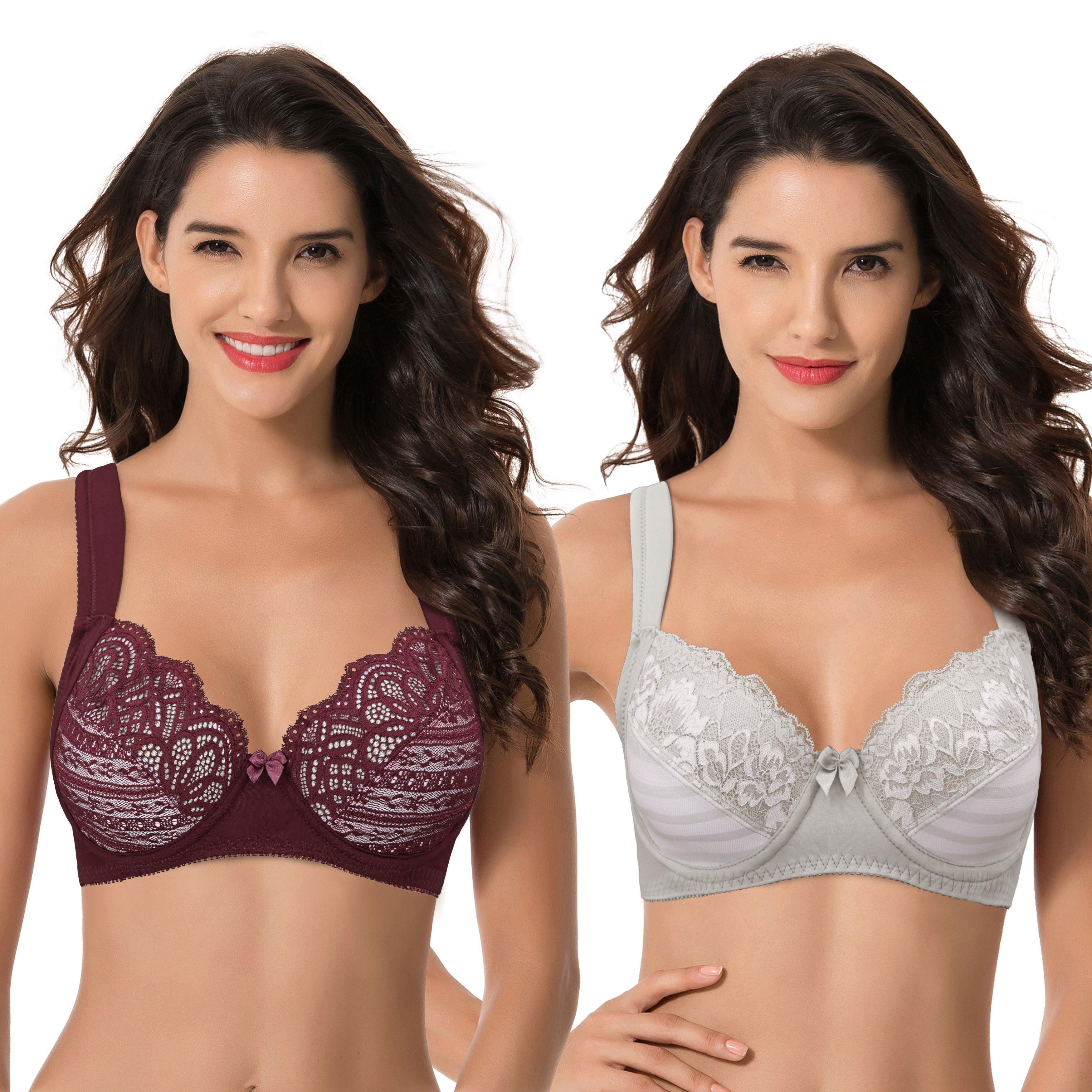 Curve Muse Women's Plus Size Unlined Underwire Lace Bra with Cushion Straps -Burgundy,Grey