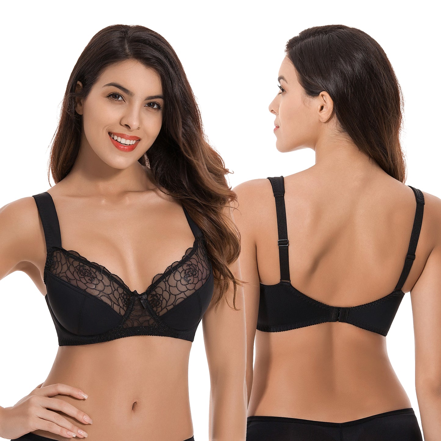 Womens Plus Size Minimizer Underwire Bra With Lace Embroidery-2 Pack