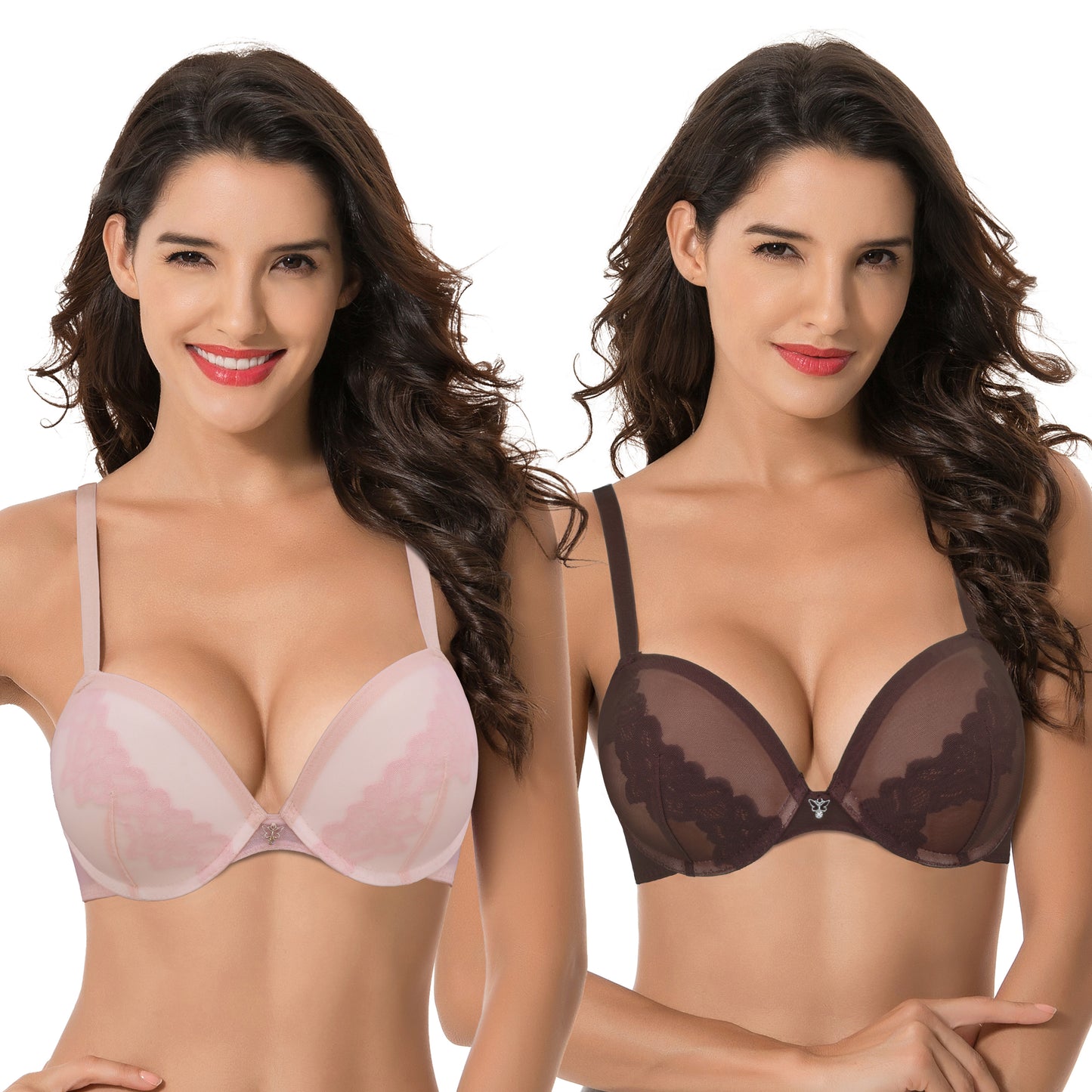 Women Plus Size Underwire Add 1 and a Half Cup Push Up Lace Mesh Bra-2PK-Lt Pink,Brown