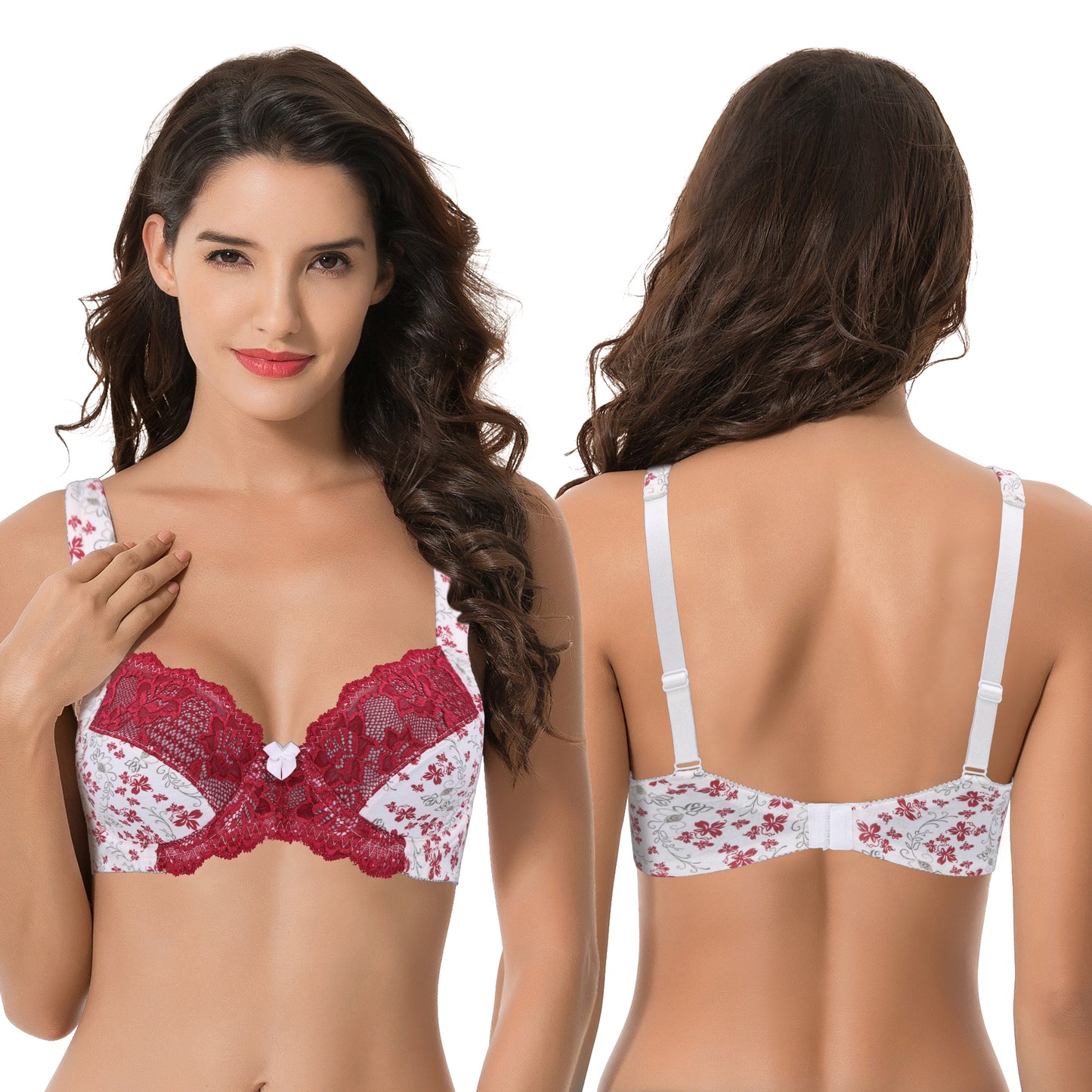 Women's Plus Size Unlined Underwire Lace Bra with Cushion Straps-2PK-White/Red/Lt Gray,Lt Pink