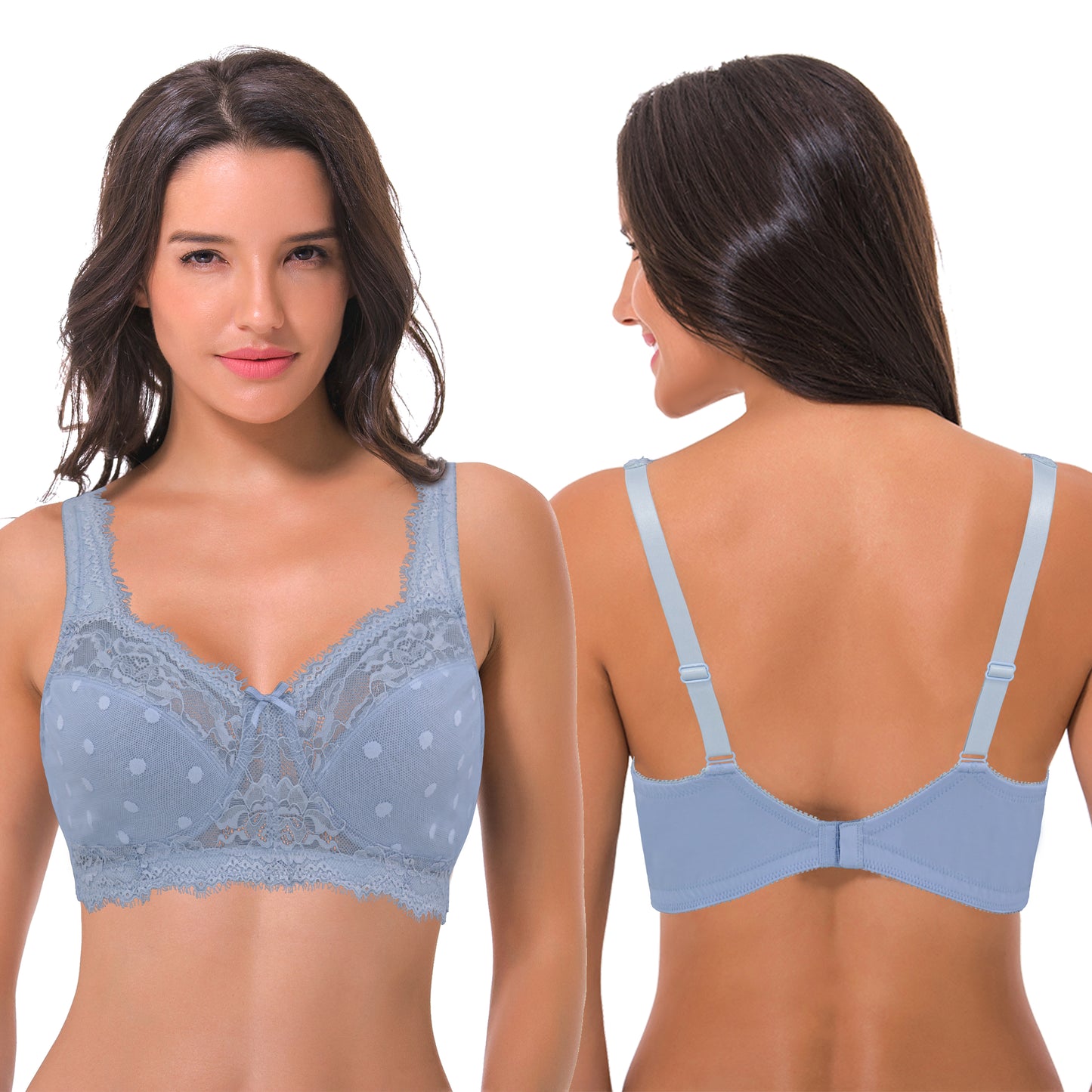 Women's Plus Size Minimizer Lace Full Coverage Unlined Wireless Bra-2Pack-Black,Lt Blue