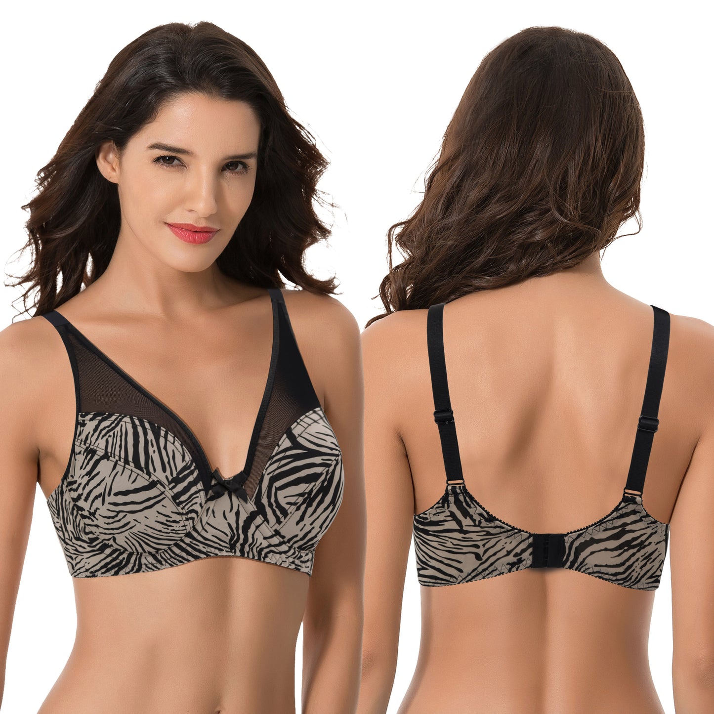Plus Size Minimizer Underwire Bra with Floral and leopard Print-2 Pack-Black/Gry,Brown