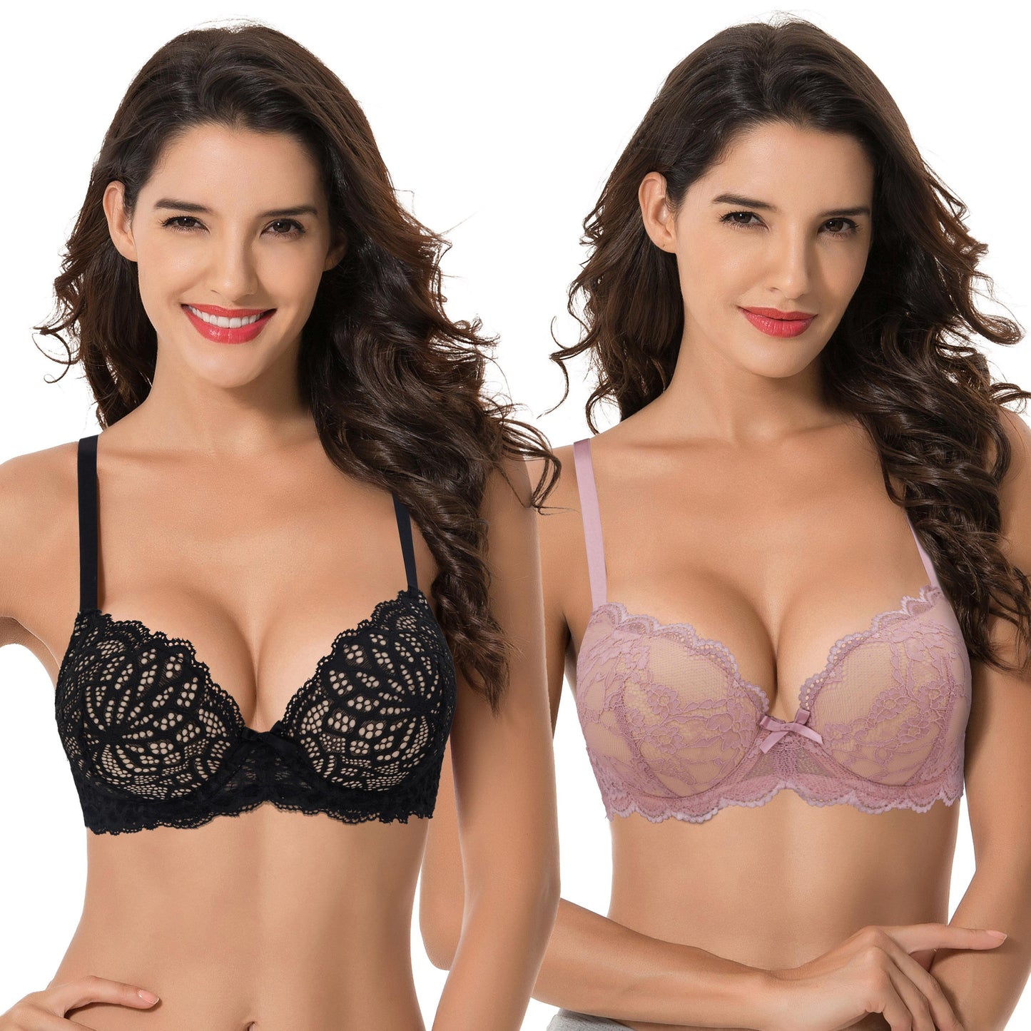 Women's Plus Size Push Up Add 1 Cup Underwire Perfect Shape Lace Bras-2Pk-Black,Mauve