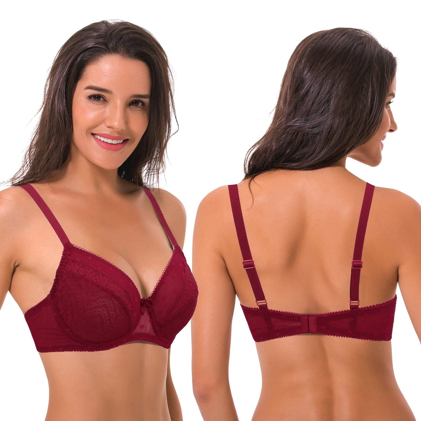 Women's Plus Size Unlined Balconette Underwire Sheer Lace Bra-2PK