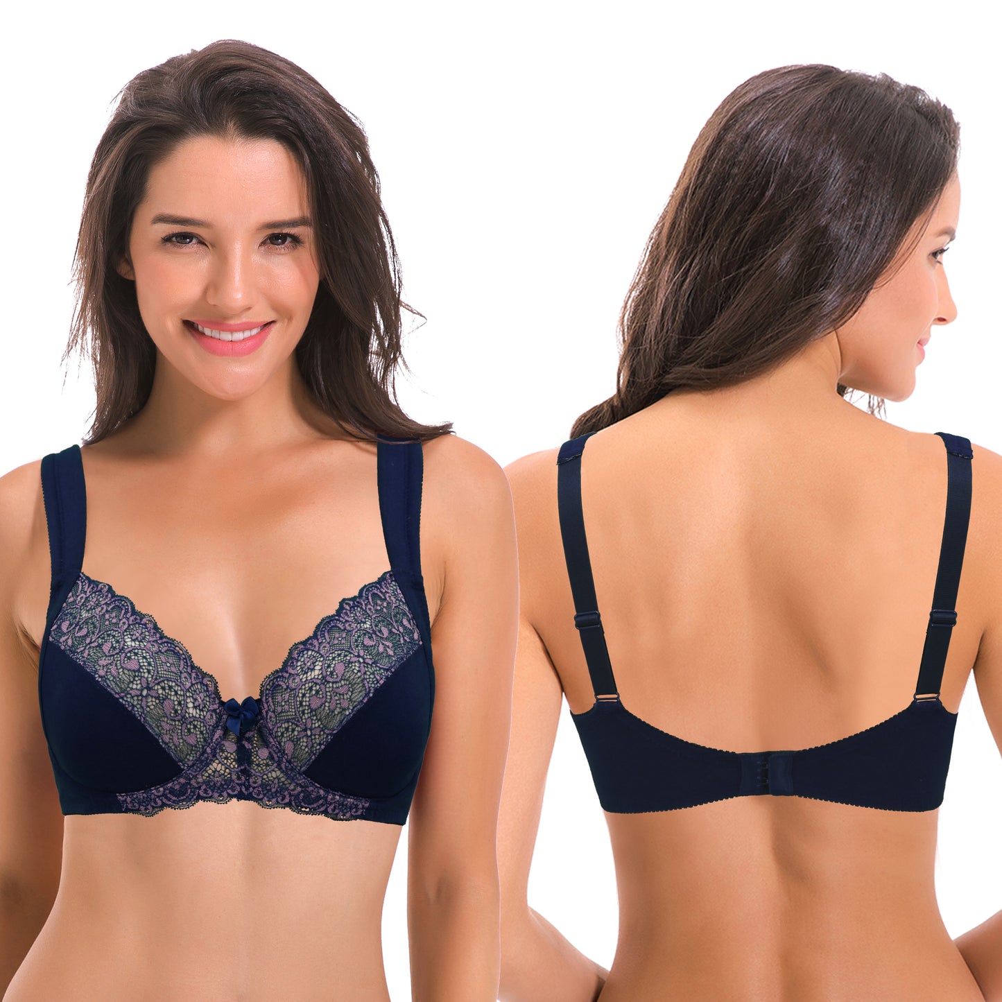 Women's Plus Size Unlined Underwire Lace Bra with Cushion Straps-2PK